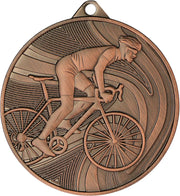 Eine bronzene Medaillen Erlangen 50 mm MMC38050, die einen Radfahrer zeigt und die Leistung des Gewinners im Radsport feiert.