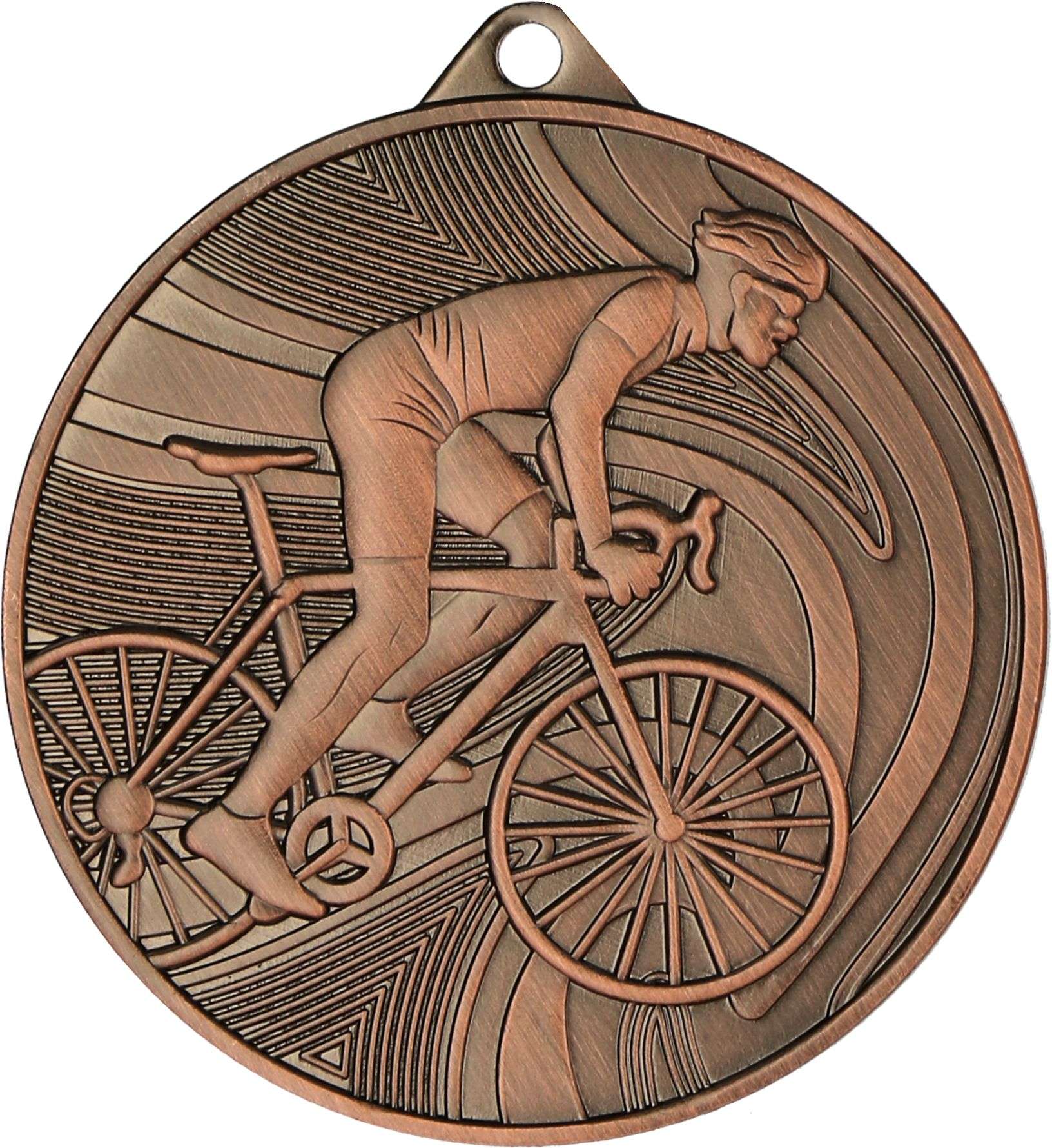 Eine bronzene Medaillen Erlangen 50 mm MMC38050, die einen Radfahrer zeigt und die Leistung des Gewinners im Radsport feiert.