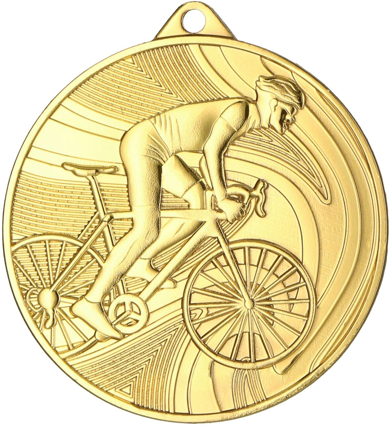 Eine Goldmedaille mit dem geprägten Bild eines Radfahrers auf einem Fahrrad vor einem wirbelnden abstrakten Hintergrund, perfekt für jeden Radsport-Gewinner. Produktname: Medaillen Erlangen 50 mm MMC38050.