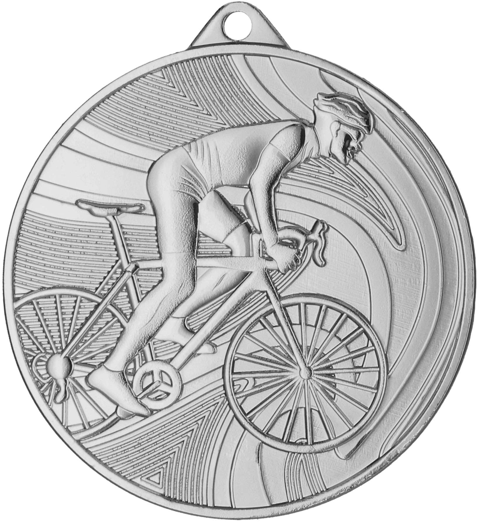 Eine silberne Medaillen Erlangen 50 mm MMC38050 zeigt ein Relief eines Radfahrers in Bewegung, der ein Fahrrad mit detaillierten Rädern und Gangschaltung fährt. Der Hintergrund zeigt gewirbelte Muster, die die Essenz des Radsports einfangen und den Geist jedes Gewinners feiern.