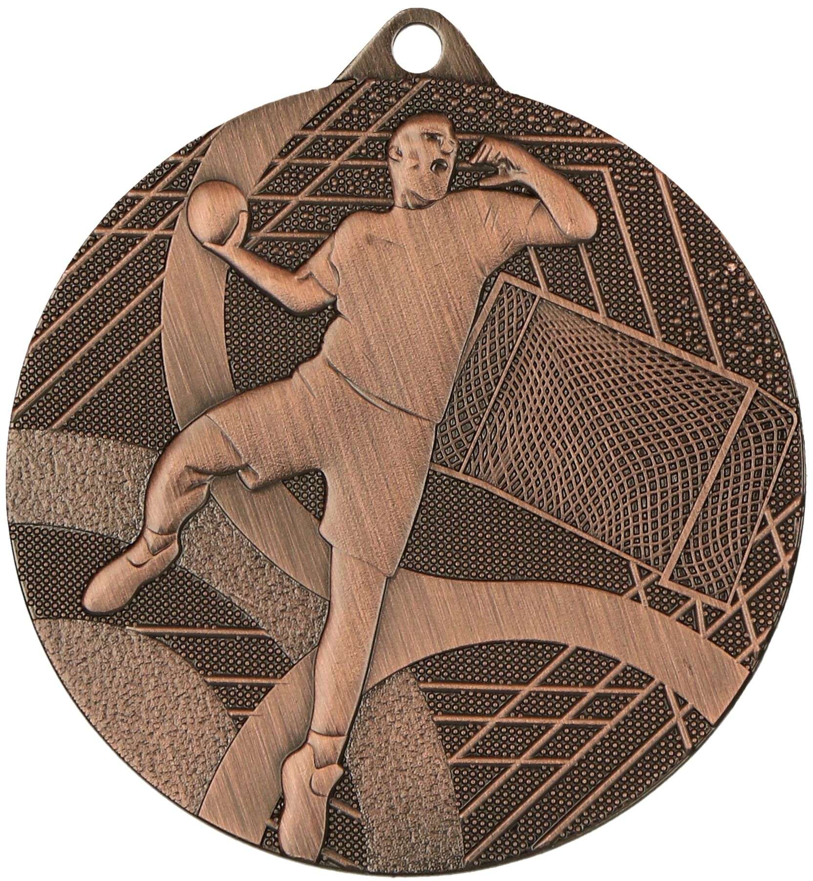 Eine Medaillen Heidelberg 50 mm MMC39050 mit dem eingravierten Bild eines Handballspielers im Wurf mit einem Tornetz im Hintergrund, das für jede Handballmannschaft Teamgeist und Erfolg beim Turnier symbolisiert.
