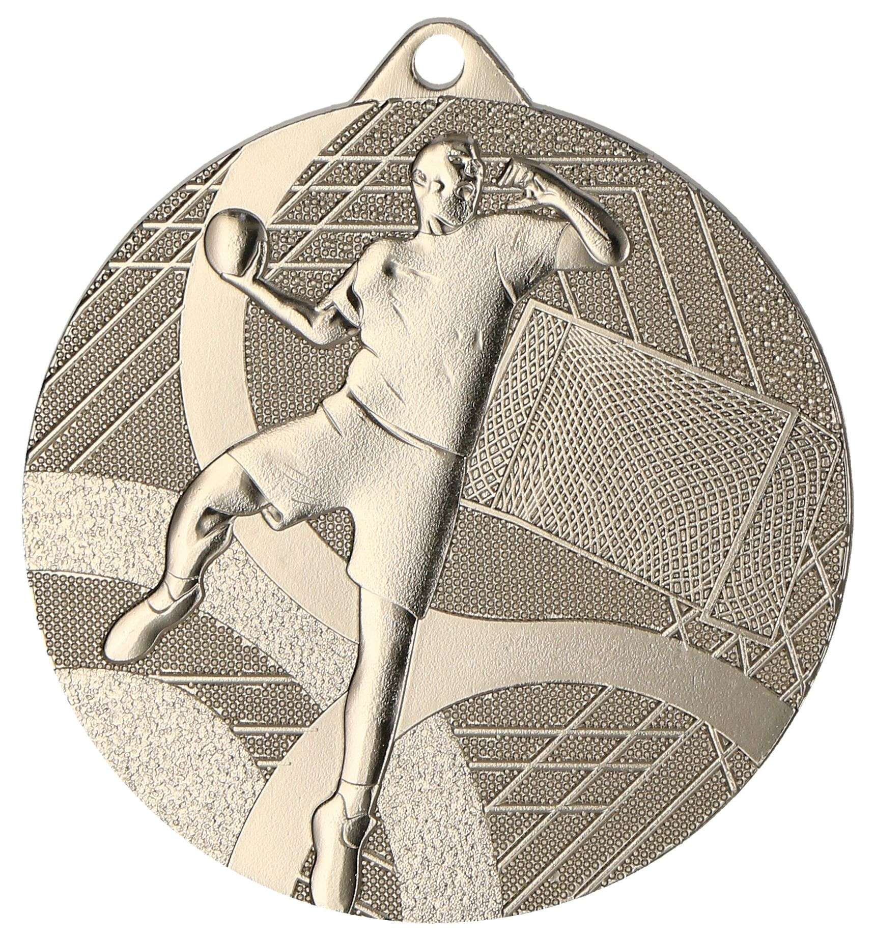 Eine Medaillen Heidelberg 50 mm MMC39050 mit einem geprägten Bild eines Basketballspielers in Bewegung mit einem Basketballkorb und einem Netz im Hintergrund, erinnert an die Medaillen, die bei High-Stakes-Turnieren für Handballmannschaften verliehen werden.