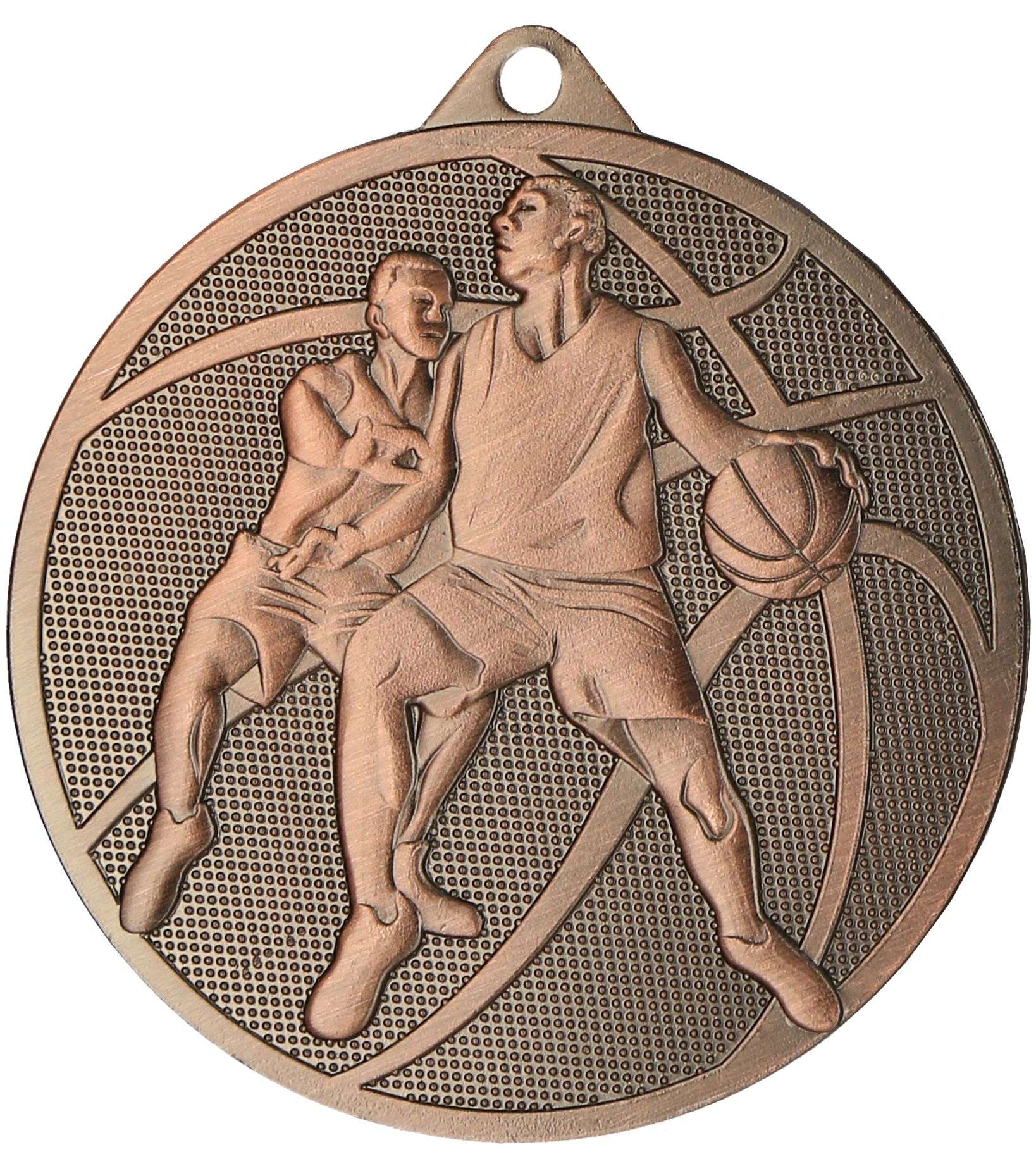 Medaillen Bremerhaven 50 mm MMC40050 zeigt zwei Basketballspieler in Aktion, wobei einer den Ball dribbelt, während der andere ihn bewacht. Der Hintergrund enthält ein großes Basketball-Design, was es zu einer perfekten Belohnung für jeden Enthusiasten macht.