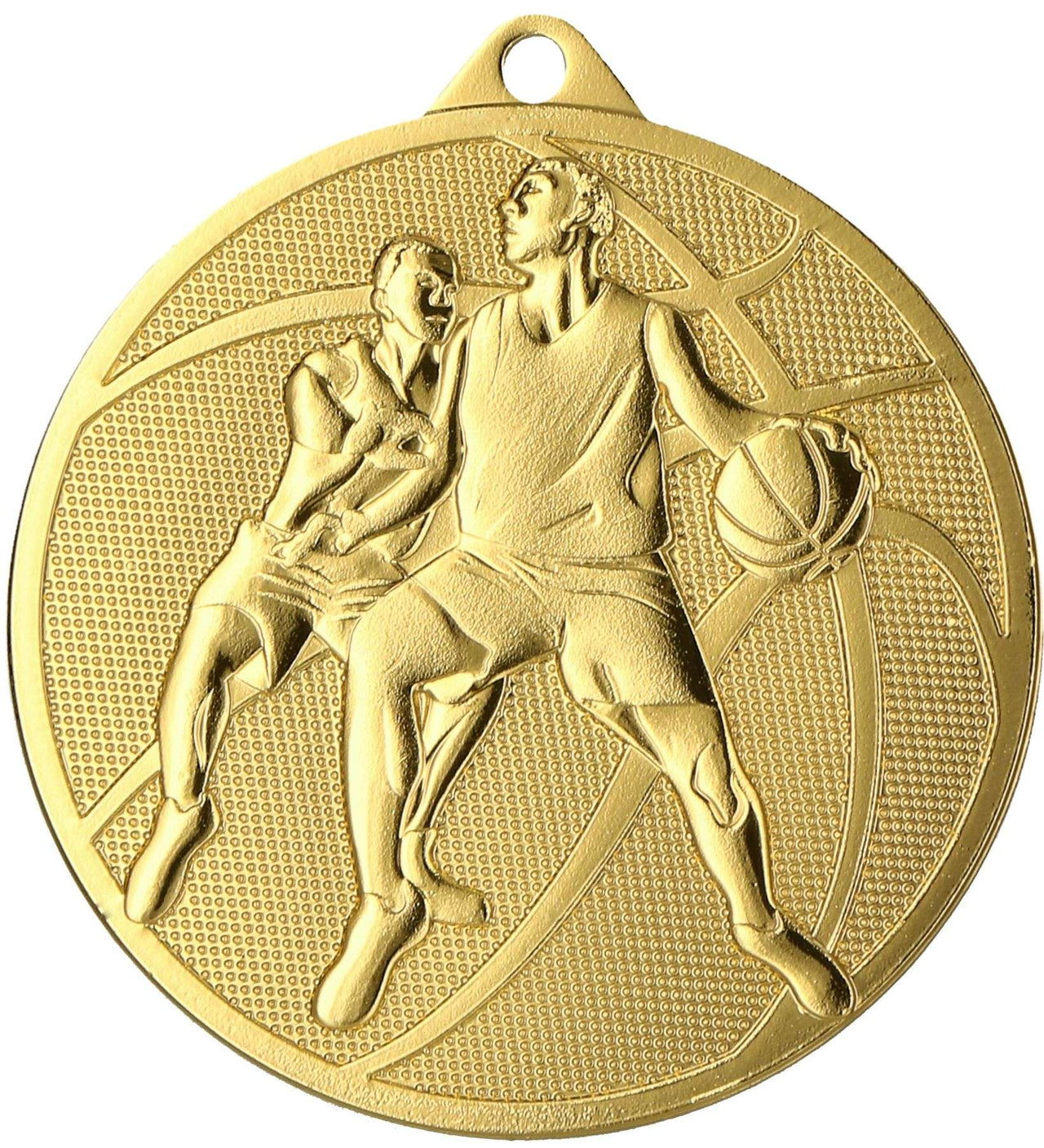 Eine goldene Medaillen Bremerhaven 50 mm MMC40050, die zwei Basketballspieler in Aktion zeigt, wobei ein Spieler den Ball dribbelt und der andere verteidigt. So wird die Essenz des Basketballs als wohlverdiente Belohnung eingefangen.