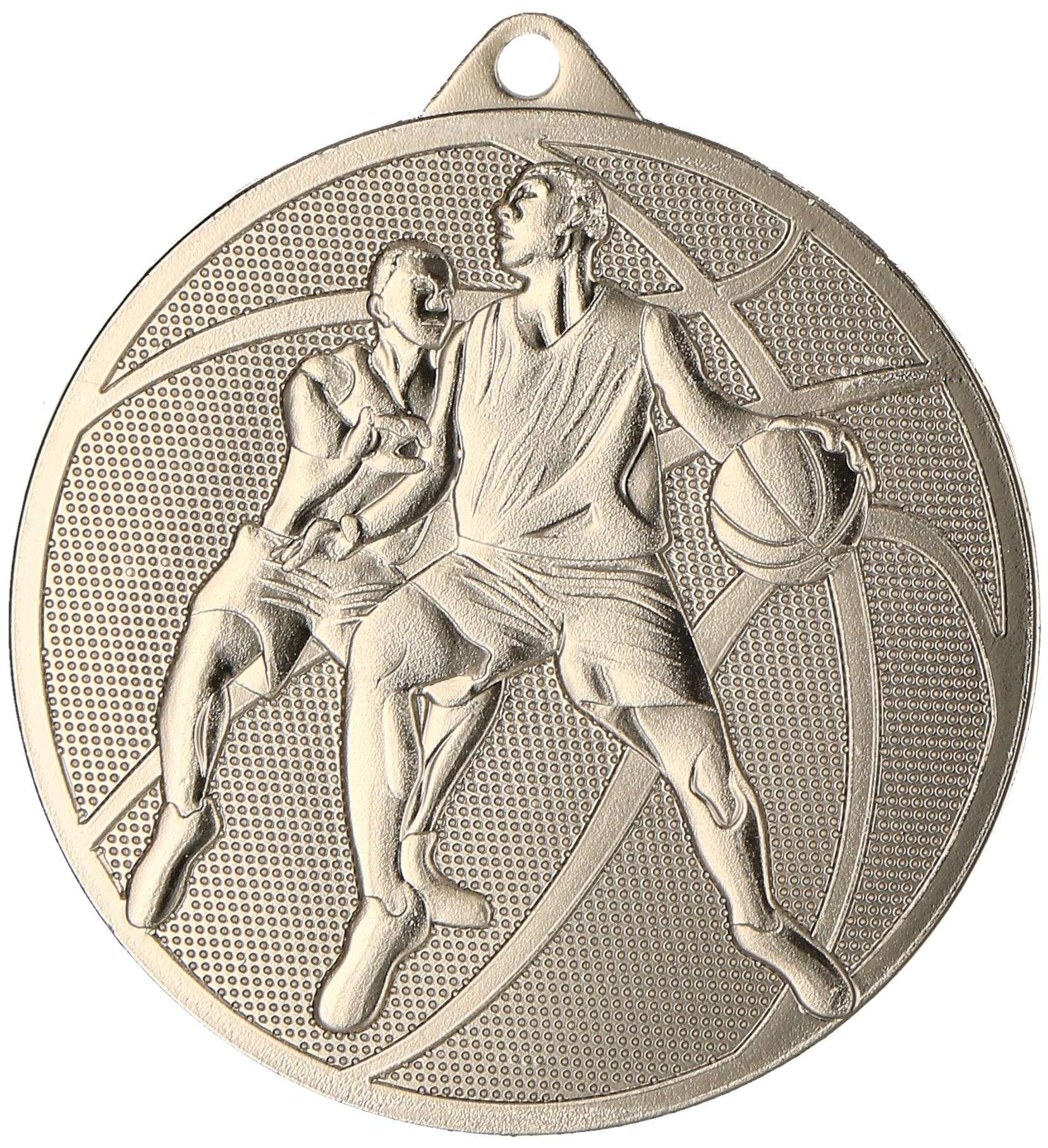 Eine silberne Medaillen Bremerhaven 50mm MMC40050 mit dem Bild eines Basketballspielers, perfekt als Belohnung für herausragende Leistungen.