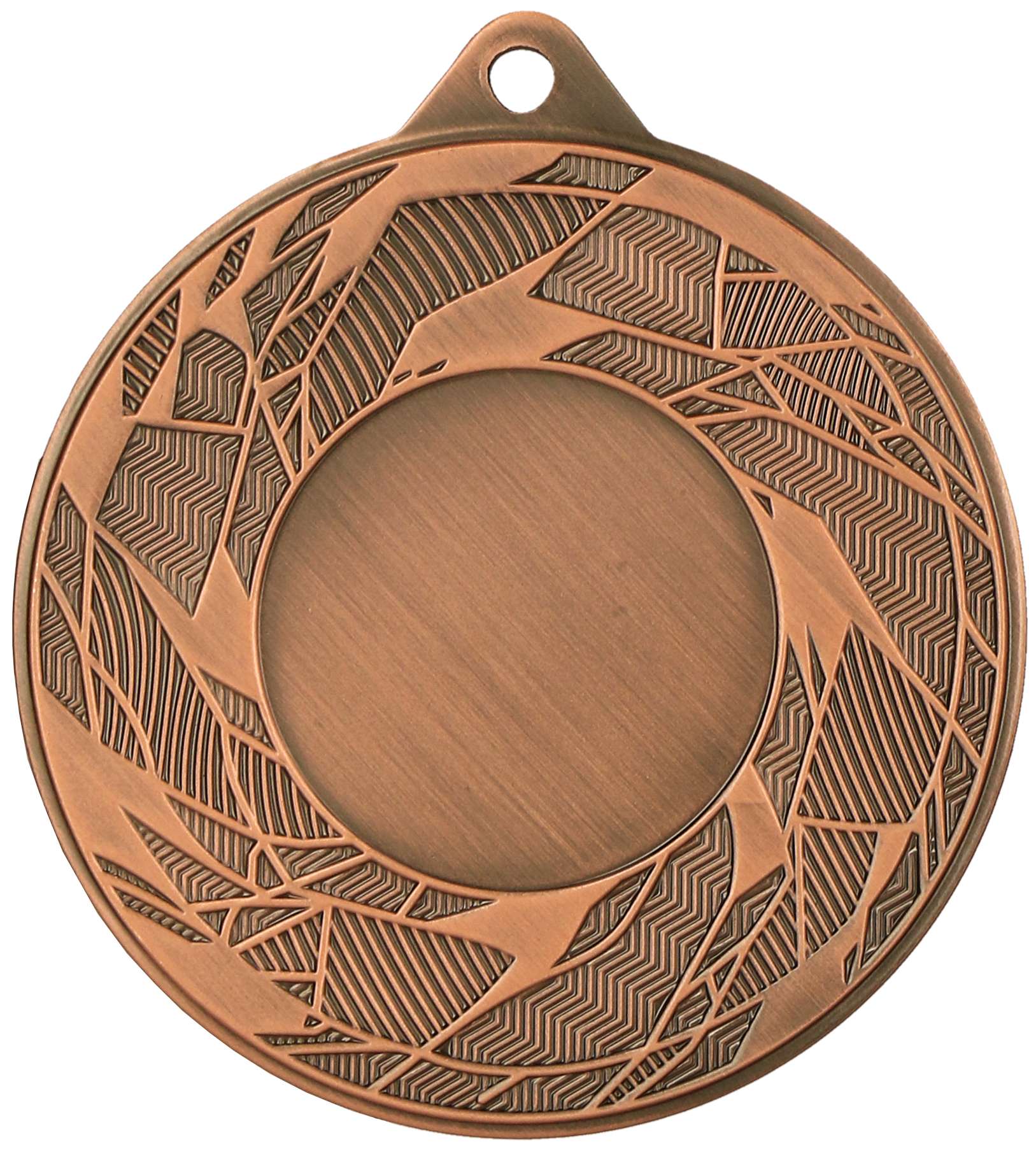 Eine runde Bronzemedaille mit geometrischen Gravuren und einer Öse an der Oberseite zur Befestigung eines Bandes, perfekt zum Gedenken an bemerkenswerte Leistungen. Die Mitte ist leer und glatt und kann individuell gestaltet werden. Dies ist die Medaillen Münster 50 mm MMC42050.
