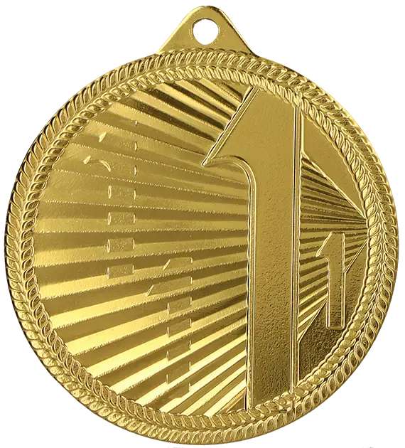 Goldfarbene Medaillen Osnabrück 50 mm MMC44050 mit eingeprägter Zahl „1“ auf der Oberfläche, geriffeltem Rand und kleinem Loch oben. Ein perfektes Andenken für jeden Gewinner aus Osnabrück oder darüber hinaus.