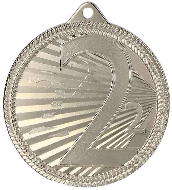 Eine Silbermedaille mit der deutlich sichtbaren Zahl „2“ in einem strukturierten, sonnenstrahlenähnlichen Design und mit geflochtenem Rand, perfekt für jeden Gewinner des Medaillen Osnabrück 50 mm MMC44050.