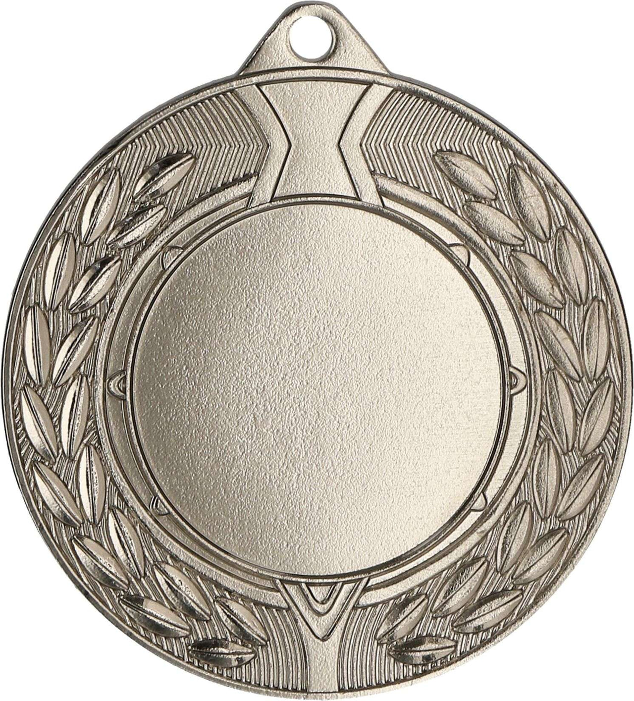 Eine runde, metallische Medaille aus hochwertigen Materialien mit einem erhabenen Kreis in der Mitte und einem Lorbeerblatt-Design an den Rändern, mit einem kleinen Loch oben zum Anbringen eines Bandes oder einer Kordel, perfekt zum Feiern sportlicher Leistungen. Dies ist die Medaillen Wuppertal 45 mm MMC4501.