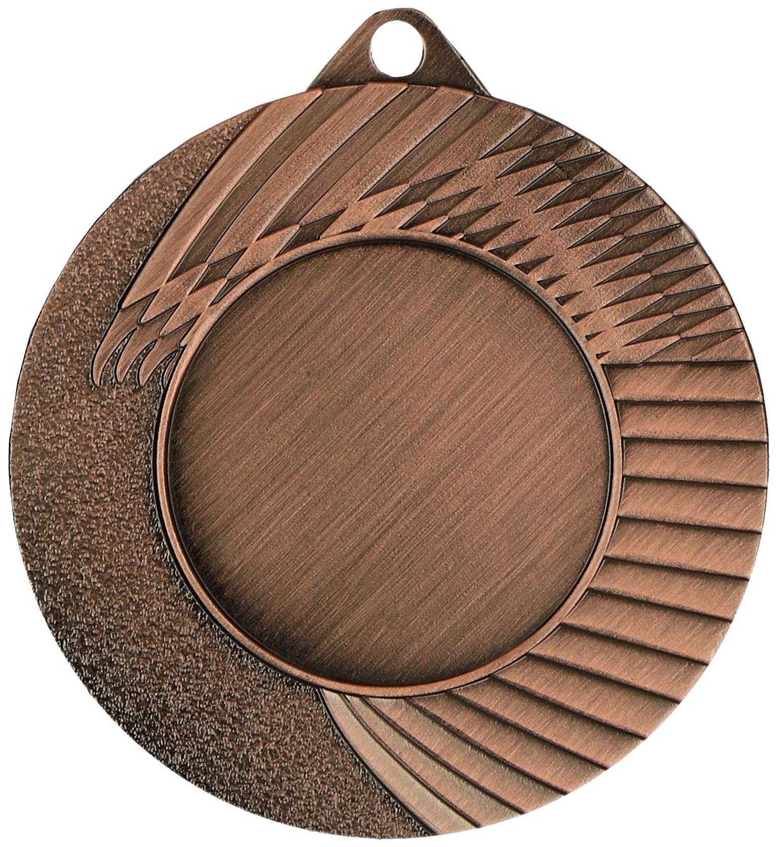 Eine Bronzemedaille mit abstrakten geometrischen Mustern, mit einem kreisförmigen Design in der Mitte und einer Öse oben zur Befestigung. Dieses Medaillen-Duisburg-Stück 45 mm MMC4502 zeigt ein einzigartiges Design und feiert Ihre Erfolge mit Eleganz und Vornehmheit.