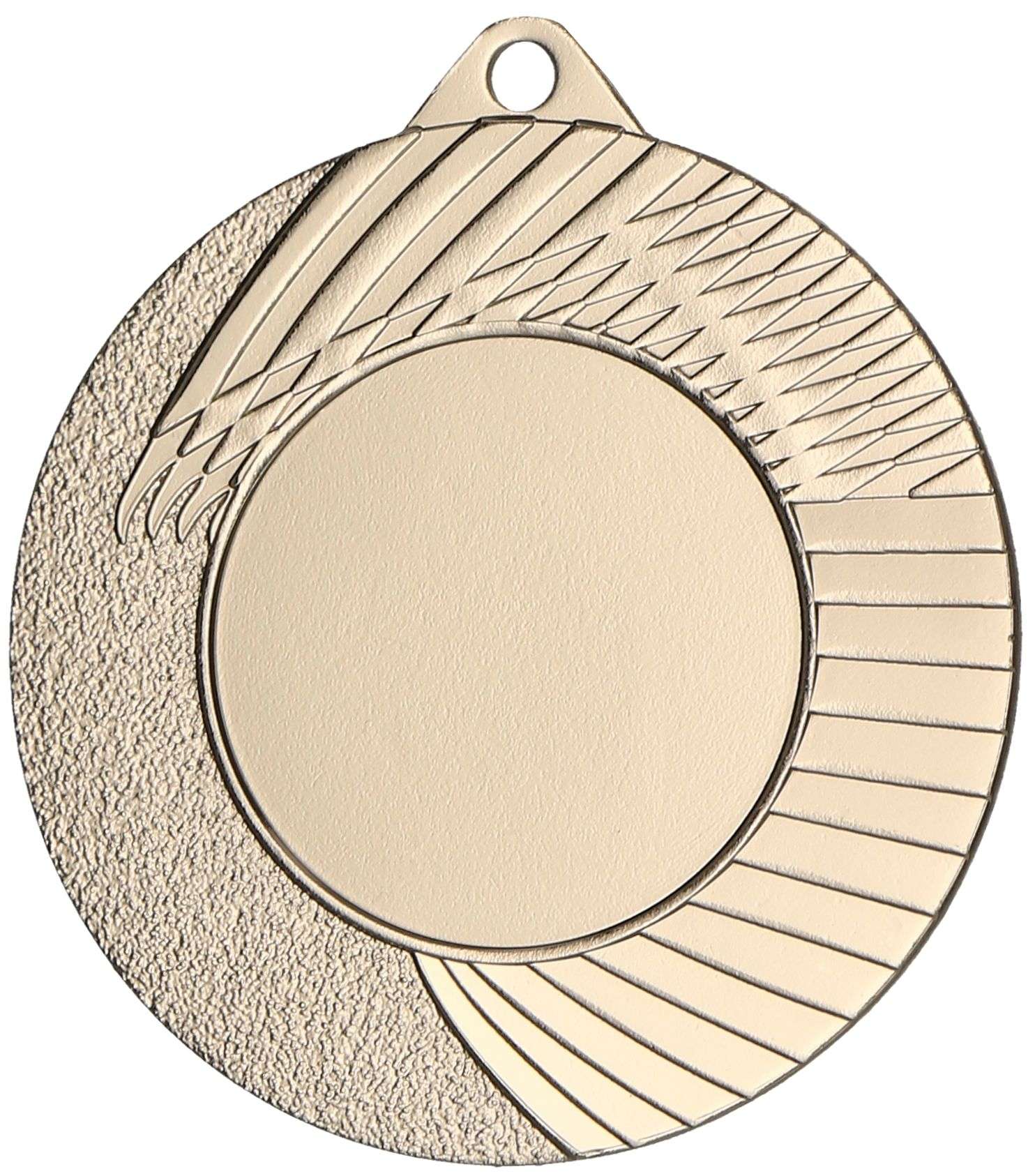 Eine runde Goldmedaille mit einer leeren Mitte, verziert mit strukturierten und linearen Mustern und einem kleinen Loch an der Oberseite zum Befestigen eines Bandes. Diese Medaillen Duisburg 45 mm MMC4502 stellen den Höhepunkt der Handwerkskunst dar.