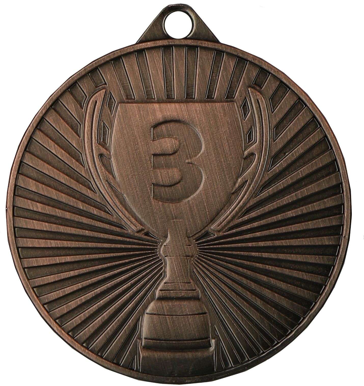 Eine bronzefarbene, runde Medaille mit einer Trophäe in der Mitte, auf der die Zahl „3“ eingraviert ist, die den dritten Platz symbolisiert. Dieses aus hochwertigem Material gefertigte Stück Medaillen Regensburg 45 mm MMC4504 dient als wertvolles Andenken an denkwürdige Erfolge.