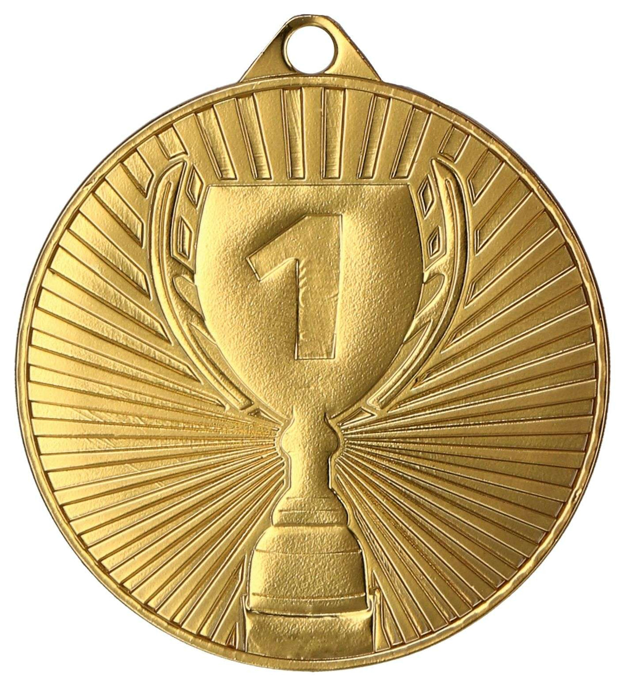 Eine Goldmedaille im Trophäendesign mit der Zahl „1“ in der Mitte, die den ersten Platz symbolisiert. Diese aus hochwertigem Material gefertigte Medaillen Regensburg 45 mm MMC4504 ist eine perfekte Event-Andenken.