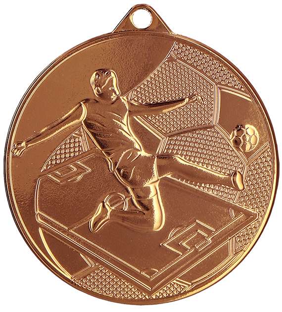 Eine goldfarbene Medaille mit dem geprägten Bild eines Fußballspielers, der einen Ball kickt und stolz den Medaillen Kaiserslautern 50 mm MMC45050 repräsentiert, perfekt für jeden Fußballverein.