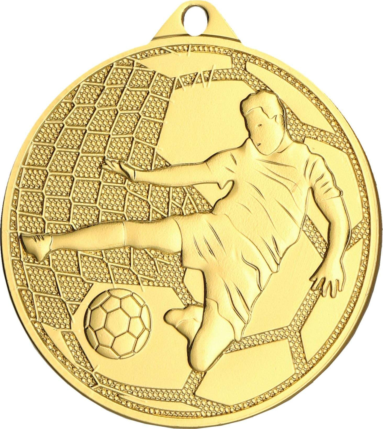 Eine goldene Medaille zeigt das geprägte Design eines Fußballspielers, der einen Ball vor einem strukturierten Hintergrund kickt, perfekt zum Feiern eines Turniersiegs. Wir präsentieren die Medaillen Gütersloh 45 mm MMC4505.