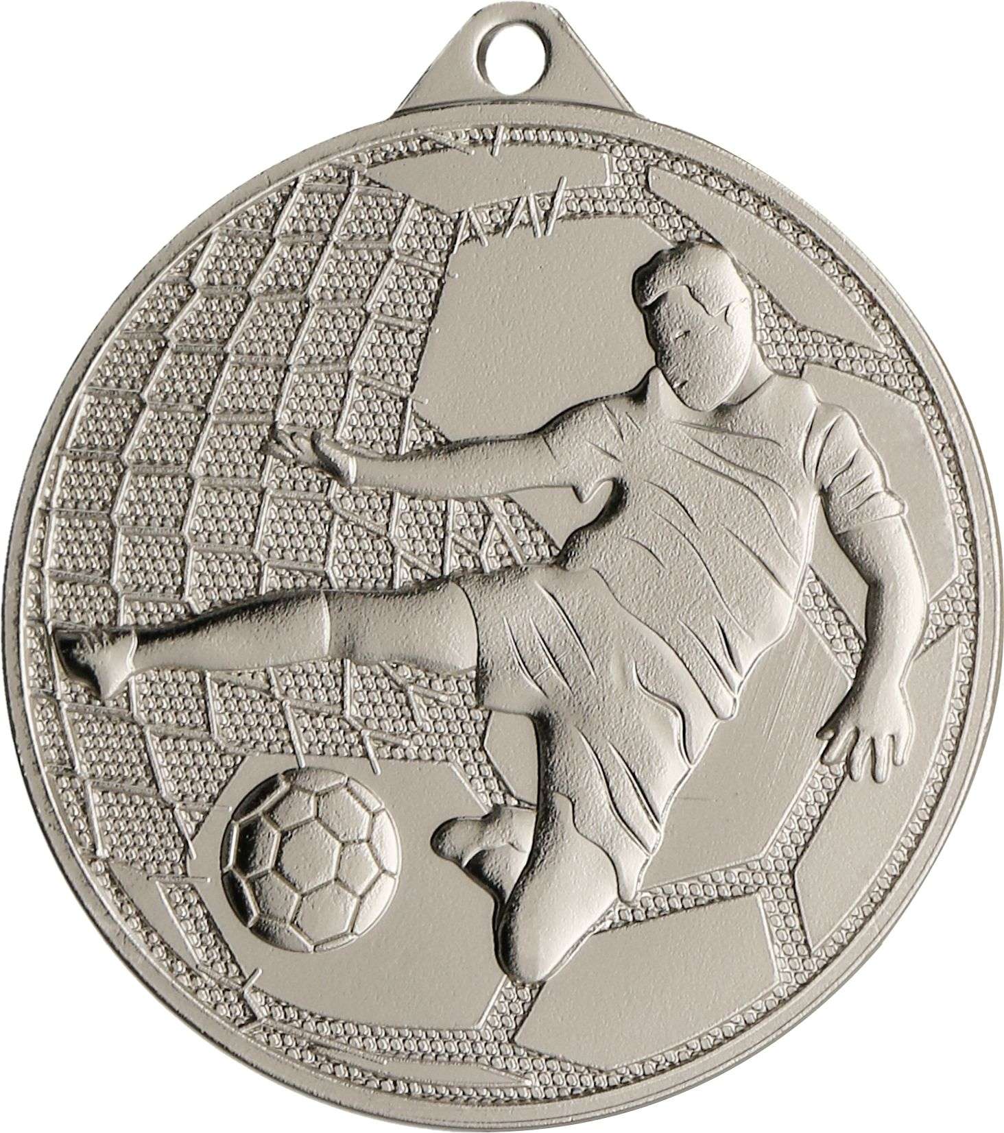 Medaillen Gütersloh 45 mm MMC4505 mit einem Fußballspieler in Aktion, der einen Fußball in Richtung eines Tornetzes kickt. Die Medaille ist perfekt für jedes Turnier und hat oben eine Schlaufe zum Anbringen eines Bandes.