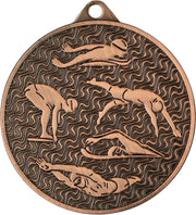 Bronzemedaillen Ludwigshafen, 45 mm, MMC4506, mit einem geprägten Design, das verschiedene Schwimmstile vor einem wellenförmig gemusterten Hintergrund darstellt, perfekt für Schwimmsportveranstaltungen.