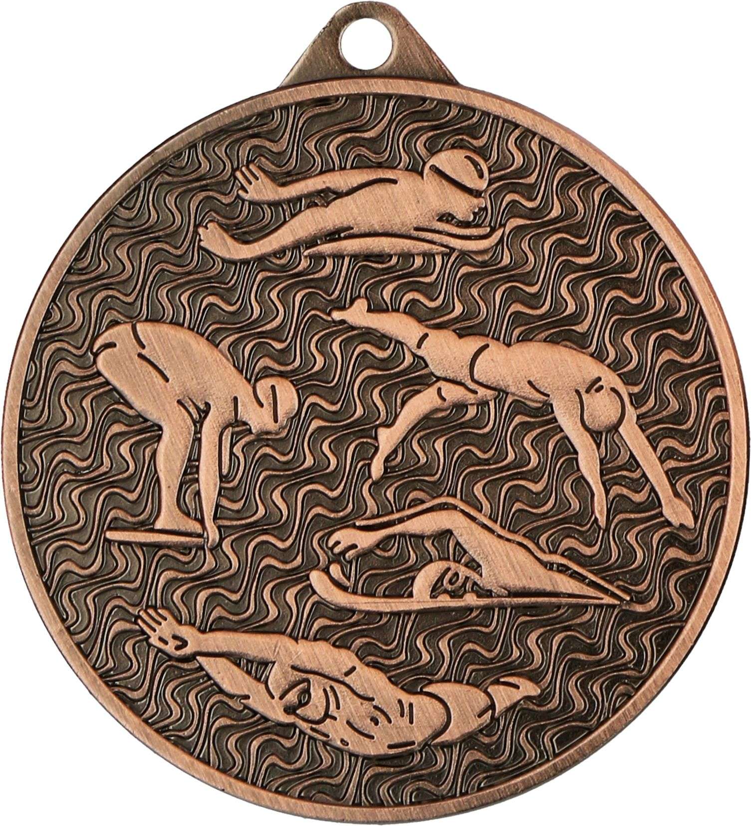 Bronzemedaillen Ludwigshafen, 45 mm, MMC4506, mit einem geprägten Design, das verschiedene Schwimmstile vor einem wellenförmig gemusterten Hintergrund darstellt, perfekt für Schwimmsportveranstaltungen.