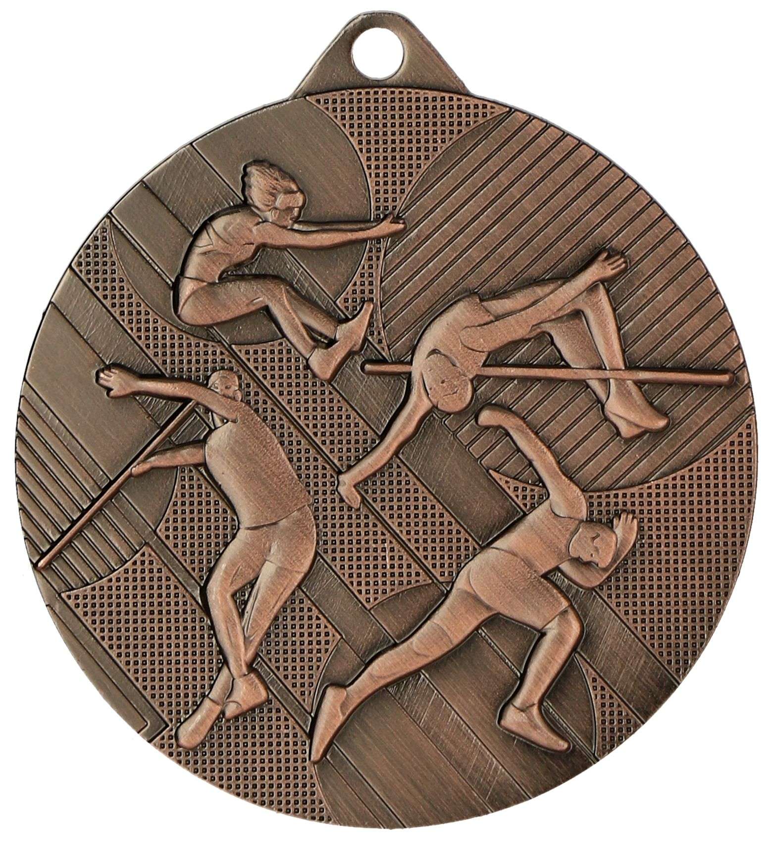 Eine Bronzemedaille mit erhabenen Bildern von Athleten verschiedener Leichtathletik-Veranstaltungen auf strukturiertem Hintergrund, die Medaillen Bergisch Gladbach 45 mm MMC4508.