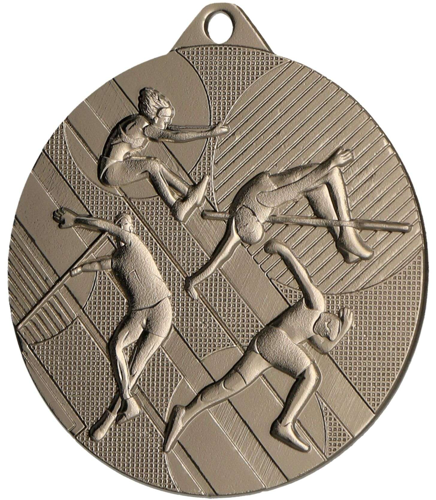 Eine runde, silberfarbene Medaillen Bergisch Gladbach 45 mm MMC4508 mit einem Reliefkunstwerk von vier Athleten bei verschiedenen Leichtathletik-Aktivitäten vor einem strukturierten Hintergrund.