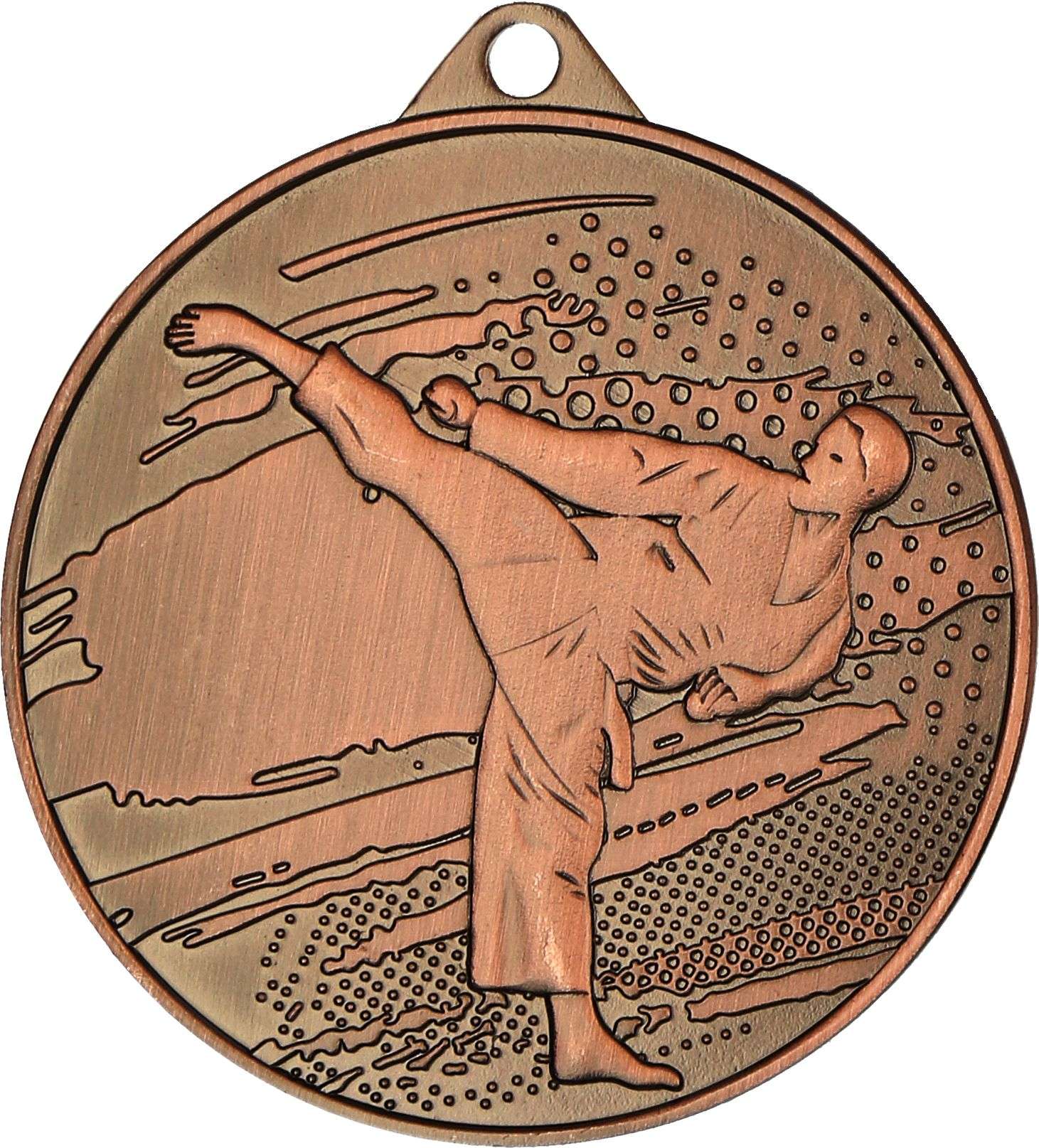 Eine Bronzemedaille, Größe von 45 mm, mit der Gravur eines Kampfsportlers, der einen hohen Tritt ausführt, mit strukturierten Mustern im Hintergrund. Perfekt für jeden Kampfsportfan. Dies ist die Medaillen Bottrop 45 mm MMC4509.