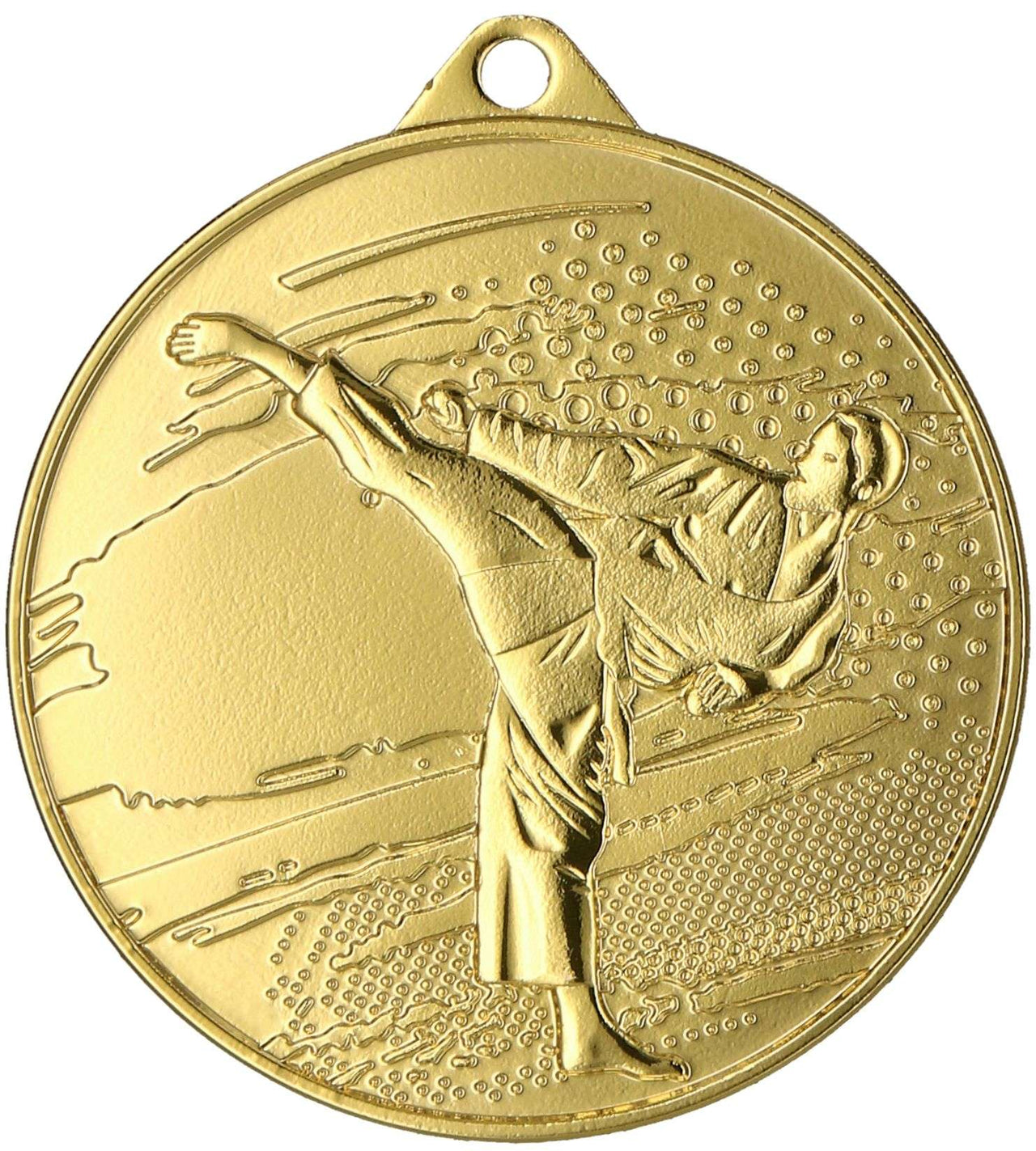 Eine Goldmedaille mit der kunstvoll geprägten Medaillendarstellung eines tretenden Mannes, perfekt für jeden Kampfsportfan. Mit einer Größe von 45 mm ist die Medaillen Bottrop 45 mm MMC4509 eine beeindruckende Ergänzung für jede Sammlung.