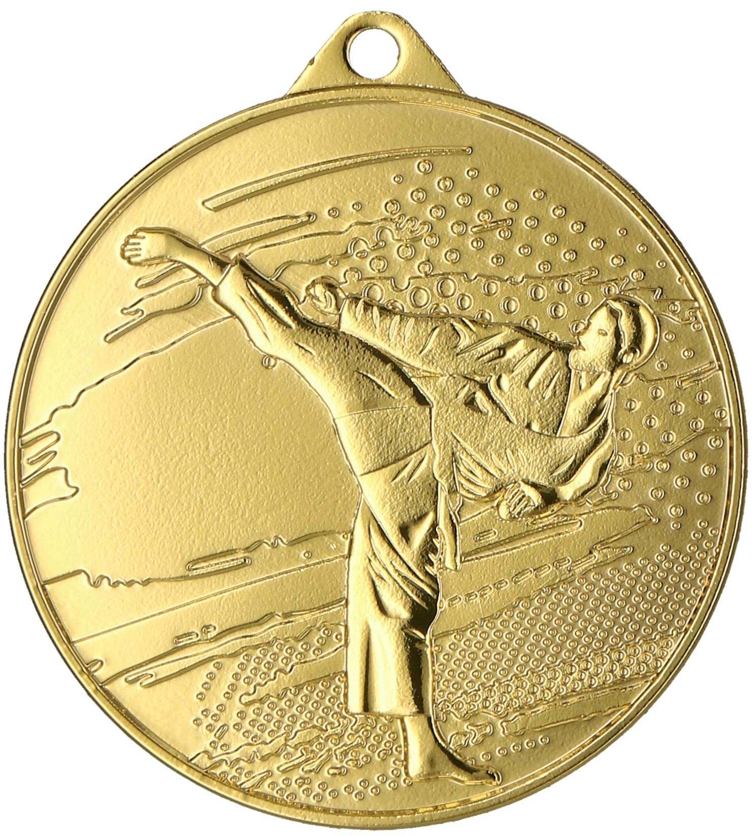 Eine Goldmedaille mit der kunstvoll geprägten Medaillendarstellung eines tretenden Mannes, perfekt für jeden Kampfsportfan. Mit einer Größe von 45 mm ist die Medaillen Bottrop 45 mm MMC4509 eine beeindruckende Ergänzung für jede Sammlung.