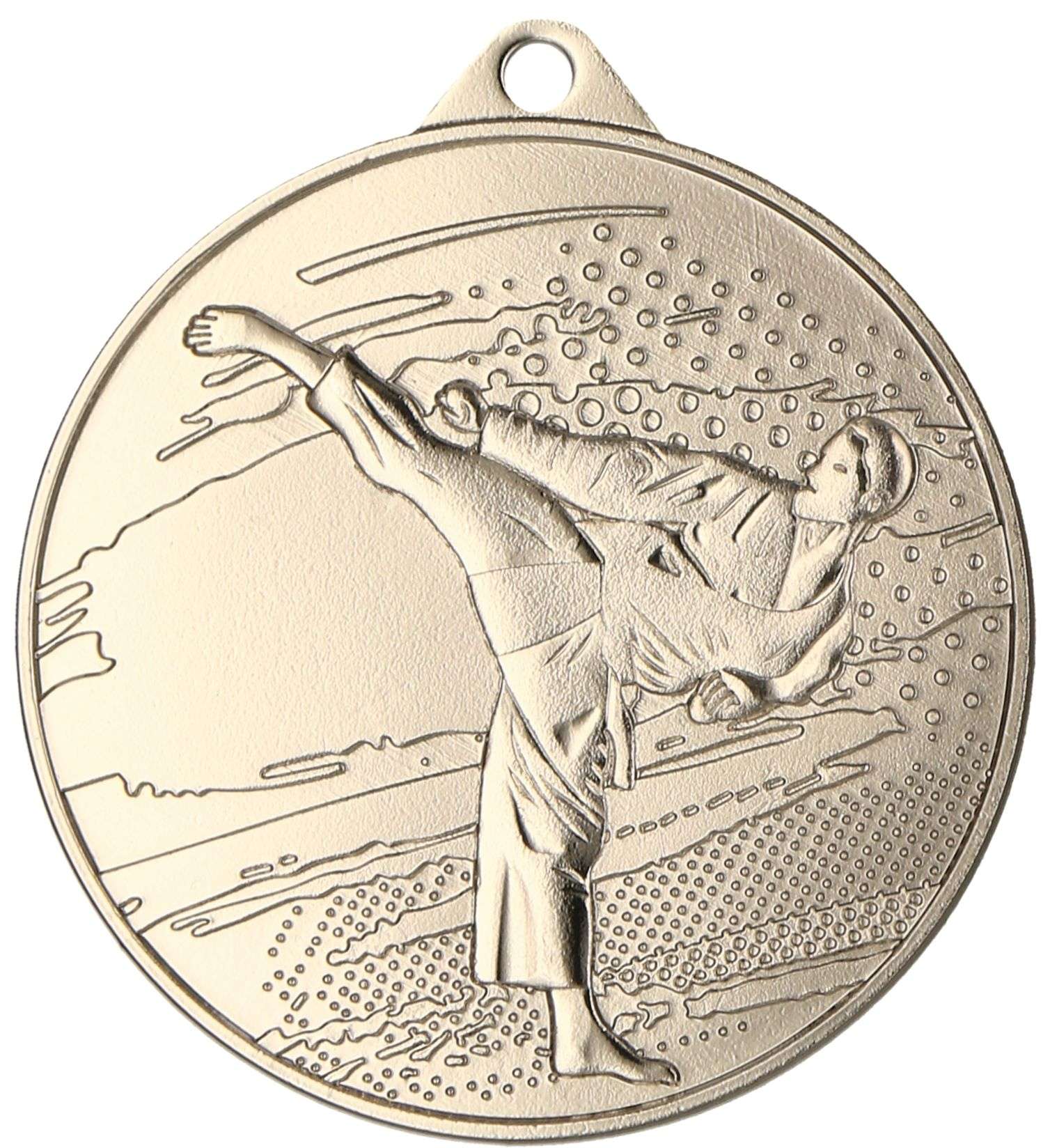 Eine Goldmedaille, Größe von 45 mm, mit einem erhabenen Design eines Kampfsportlers, der einen hohen Kick ausführt, mit einem Hintergrund aus dynamischen Linien und Punkten – perfekt für jeden Kampfsportfan. Dies ist die Medaillen Bottrop 45 mm MMC4509.