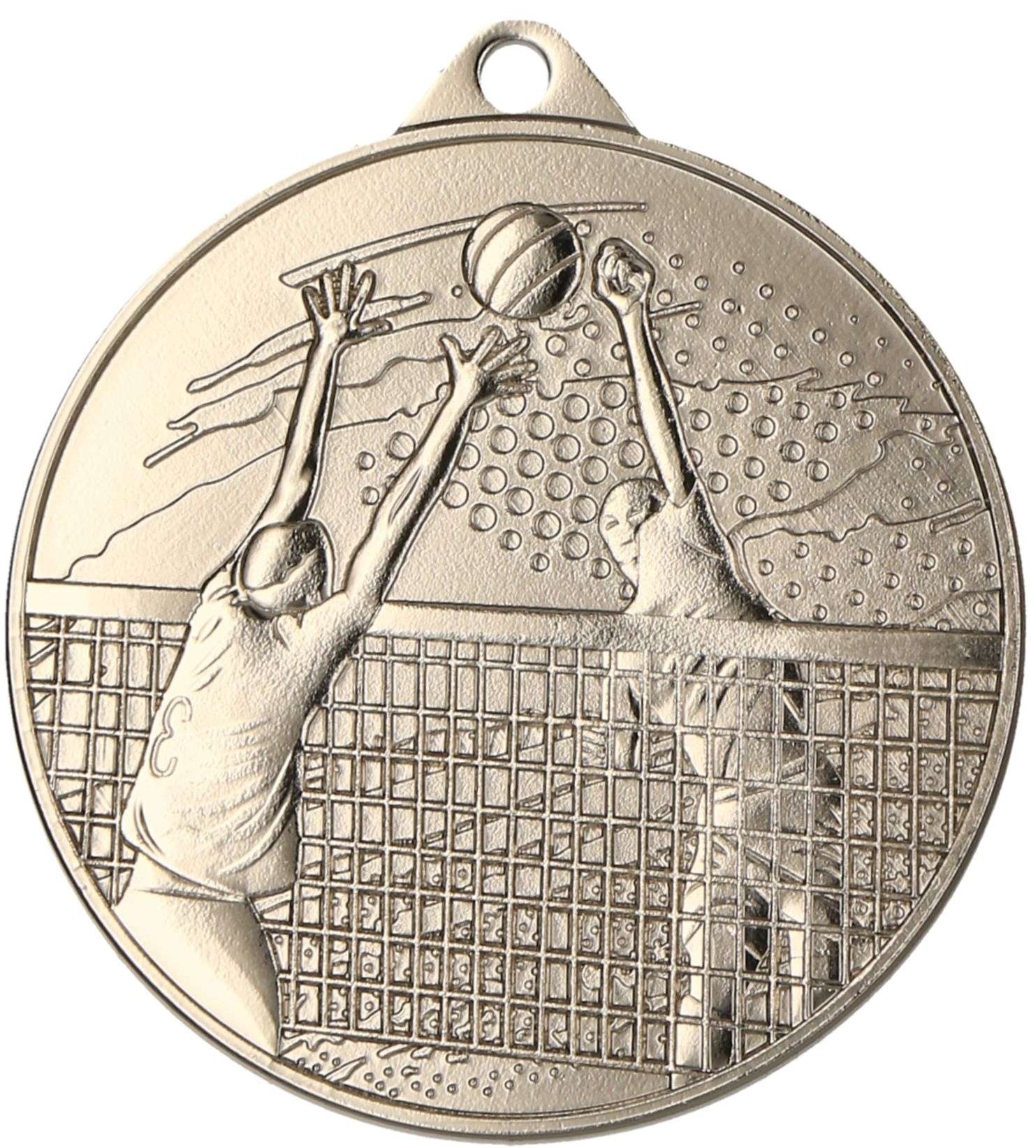 Eine runde, geprägte Medaille zeigt zwei Volleyballspieler an einem Netz, die beide nach dem Ball greifen. Der Hintergrund enthält stilisierte Elemente, die möglicherweise das Publikum oder die Stadionbeleuchtung darstellen – eine außergewöhnliche Auszeichnung für Volleyball-Wettkämpfe. Dies ist die Medaillen Rostock 45 mm MMC4510.