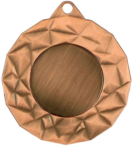 Eine Medaillen Nürnberg 45 mm MMC4512, eine runde bronzene Medaille mit einem strukturierten, zerknitterten Design am Rand, das außergewöhnliche Leistungen bei Sportveranstaltungen symbolisiert, und einer Schlaufe an der Oberseite zur Befestigung.