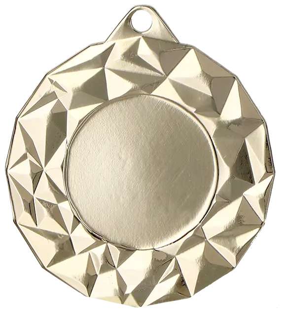 Eine goldfarbene, runde Medaille mit strukturiertem, facettiertem Design an den Rändern und einem kleinen Loch an der Oberseite zum Anbringen eines Bandes. Perfekt zur Anerkennung herausragender Leistungen bei Sportveranstaltungen. Präsentiert die „Medaillen Nürnberg 45mm MMC4512“.