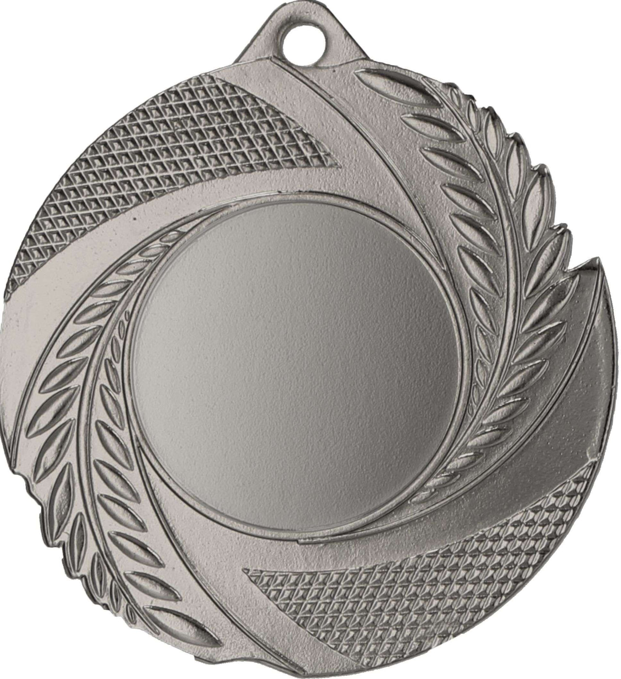 Eine silberfarbene Medaille mit strukturiertem Blätterdesign und runder, leerer Mitte, perfekt für Sportveranstaltungen in Gelsenkirchen: Medaillen Gelsenkirchen 50 mm MMC5010.