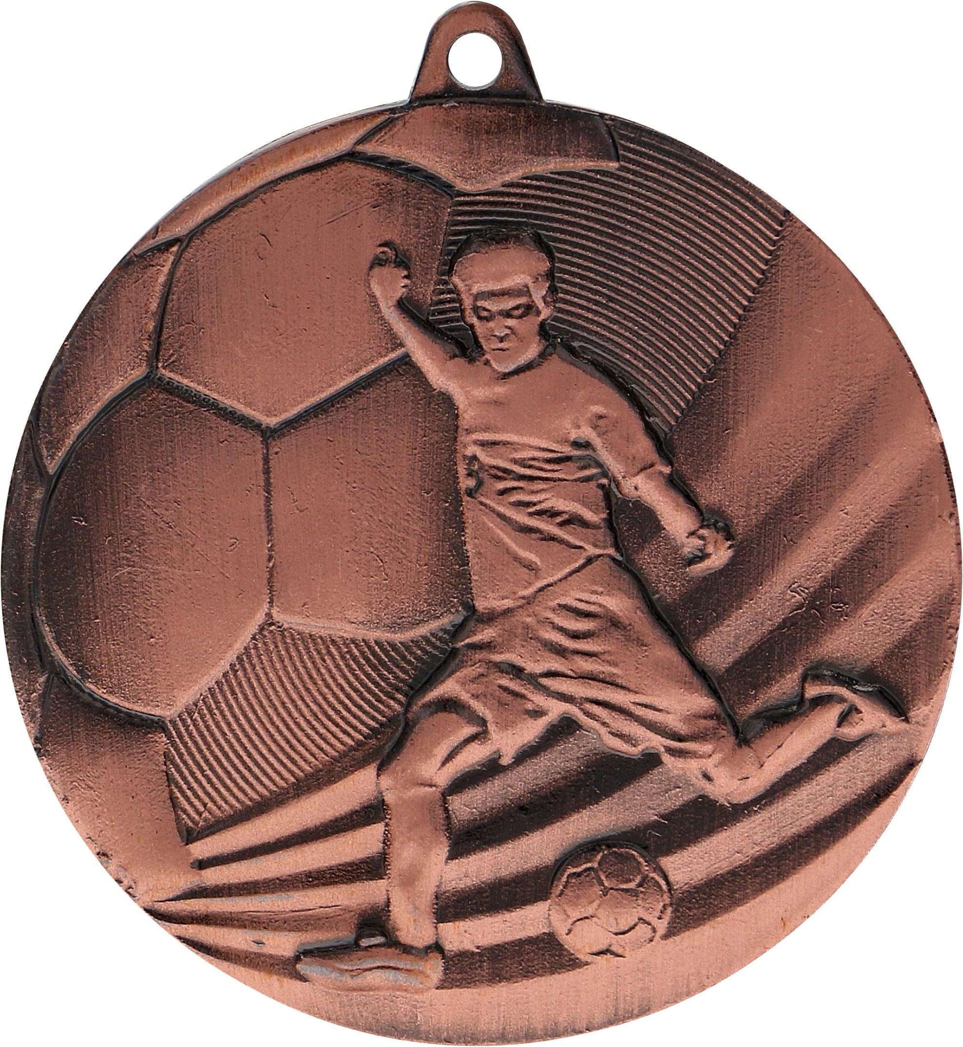 Eine bronzene Medaille Remscheid 50 mm MMC5055 mit einem Fußballspieler-Motiv mit einem Fußball und einem Jungen, der den Ball kickt, perfekt für sportliche Veranstaltungen.