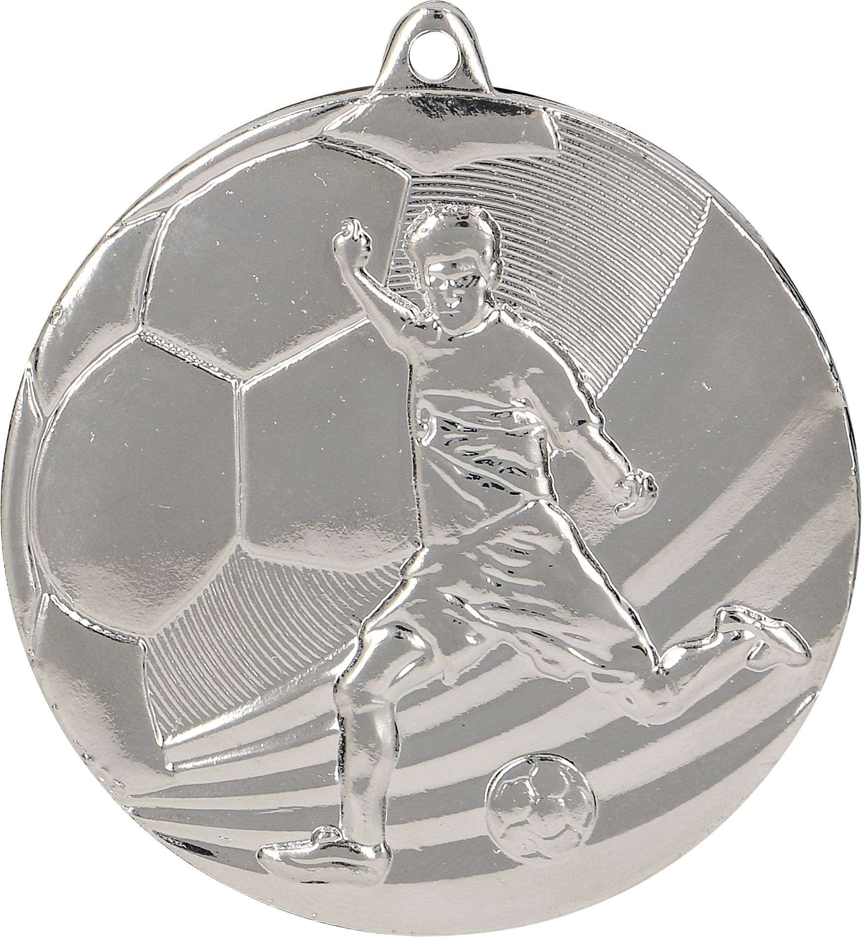 Eine Medaillen Remscheid 50 mm MMC5055 mit einem geprägten Bild eines Fußballspielers beim Kicken eines Balls mit einem großen Fußball im Hintergrund – perfekt für sportliche Veranstaltungen und zur Präsentation des Fußballspieler-Motivs.