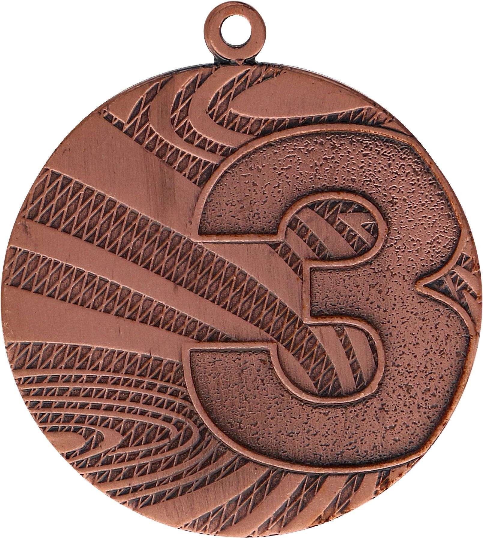 Nahaufnahme einer Bronzemedaille mit der eingeprägten Zahl 3, die den dritten Platz bei einem Wettbewerb oder Turnier anzeigt. Das strukturierte Muster im Hintergrund verleiht Tiefe, während eine kleine Schlaufe das Aufhängen erleichtert. Diese Medaillen Berlin 40 mm MMC6040 wurde gefertigt und zeugt von feiner Handwerkskunst und Liebe zum Detail.