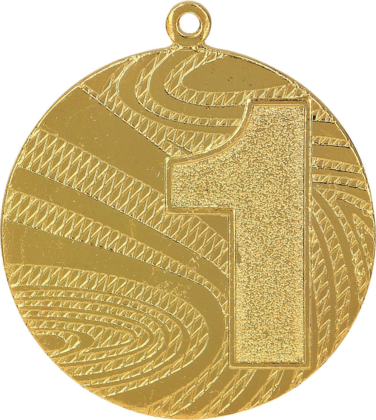 Eine Goldmedaille mit einer großen eingeprägten Zahl 1 und einem strukturierten, gewirbelten Muster im Hintergrund. Diese Medaille wurde als Teil der exquisiten Medaillen Berlin 40 mm MMC6040-Kollektion gefertigt und ist perfekt für jeden Wettbewerb oder jedes Turnier.