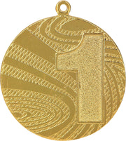 Eine Goldmedaille mit einer großen eingeprägten Zahl 1 und einem strukturierten, gewirbelten Muster im Hintergrund. Diese Medaille wurde als Teil der exquisiten Medaillen Berlin 40 mm MMC6040-Kollektion gefertigt und ist perfekt für jeden Wettbewerb oder jedes Turnier.