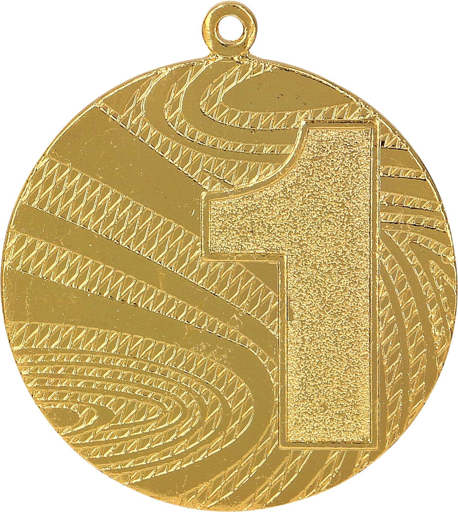 Eine Goldmedaille mit einer großen eingeprägten Zahl 1 und einem strukturierten, gewirbelten Muster im Hintergrund. Diese Medaille wurde als Teil der exquisiten Medaillen Berlin 40 mm MMC6040-Kollektion gefertigt und ist perfekt für jeden Wettbewerb oder jedes Turnier.