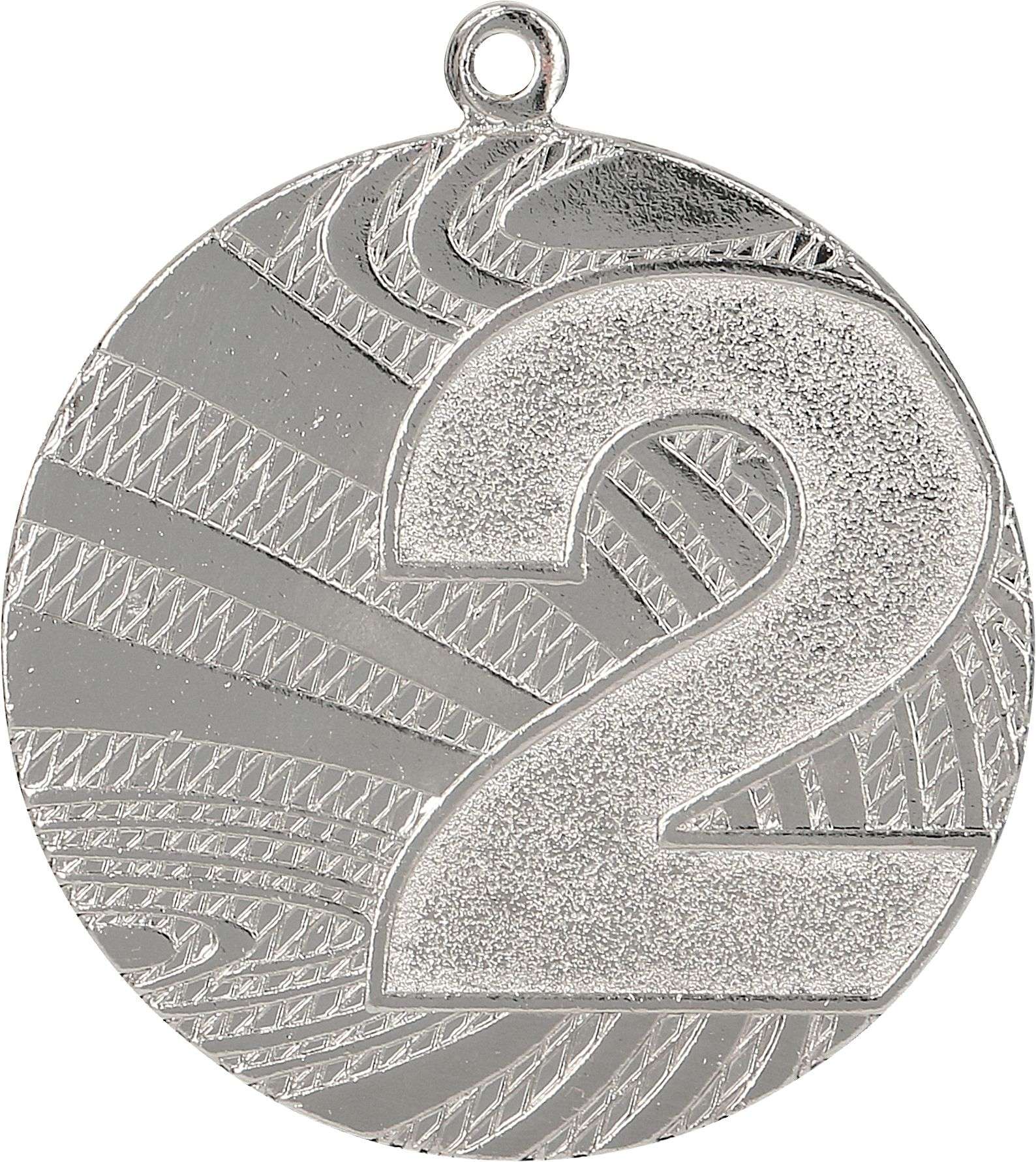 Eine Silbermedaille mit der großen Zahl „2“ in der Mitte, die einen zweiten Platz symbolisiert. Der Hintergrund hat ein strukturiertes, wirbelndes Muster. Diese Medaillen Berlin 40 mm MMC6040 ist ideal für jeden Wettbewerb oder jedes Turnier und zeigt die Qualität.