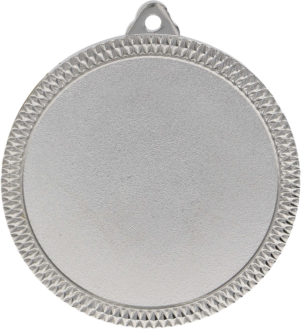 Eine runde Silbermedaille mit strukturiertem Rand und einer kleinen Öse oben zum Aufhängen. Die Mitte ist leer, perfekt zum Gravieren von Erfolgen bei Sportveranstaltungen oder zum Gedenken an Medaillen Freiburg 60 mm MMC6060 Events.