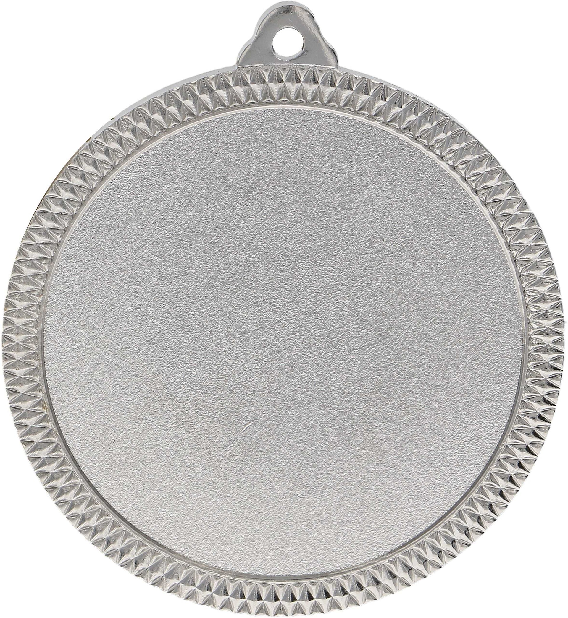 Eine runde Silbermedaille mit strukturiertem Rand und einer kleinen Öse oben zum Aufhängen. Die Mitte ist leer, perfekt zum Gravieren von Erfolgen bei Sportveranstaltungen oder zum Gedenken an Medaillen Freiburg 60 mm MMC6060 Events.