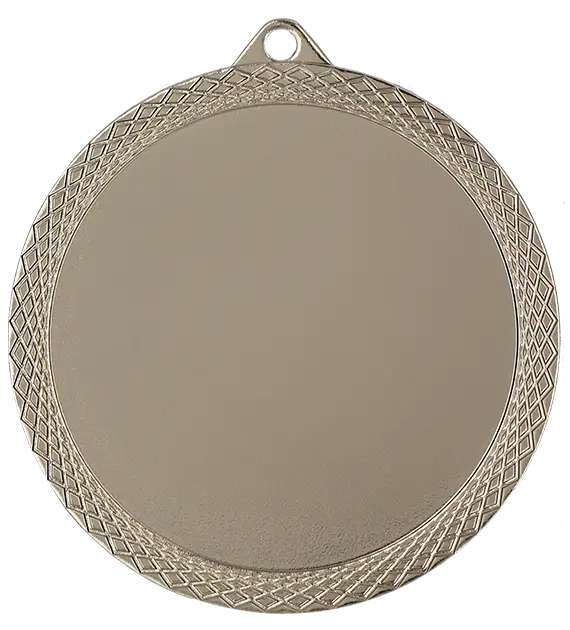 Eine Medaille Medaillen Magdeburg 60 mm MMC6062, runde Silbermedaille mit strukturiertem Rand und einem kleinen Loch oben zum Befestigen eines Bandes. Ideal für Sportwettbewerbe bei Medaillen Magdeburg, kann mit personalisierten Beschriftungen zur Erinnerung an Erfolge versehen werden.