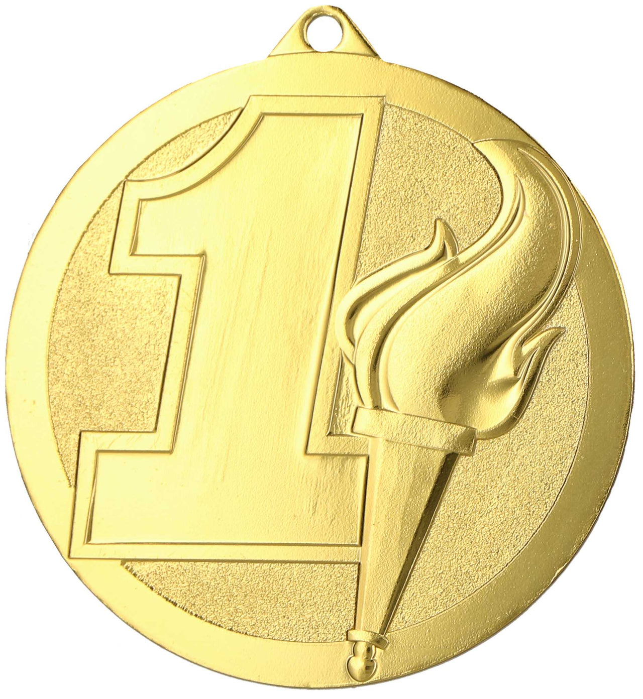 Eine goldene Medaillen Darmstadt 60 mm MMC6064 mit einer großen Zahl „1“ und einem Fackeldesign auf der Vorderseite, das Erfolge und den Triumph symbolisiert, auf dem Gewinnerpodest zu stehen.