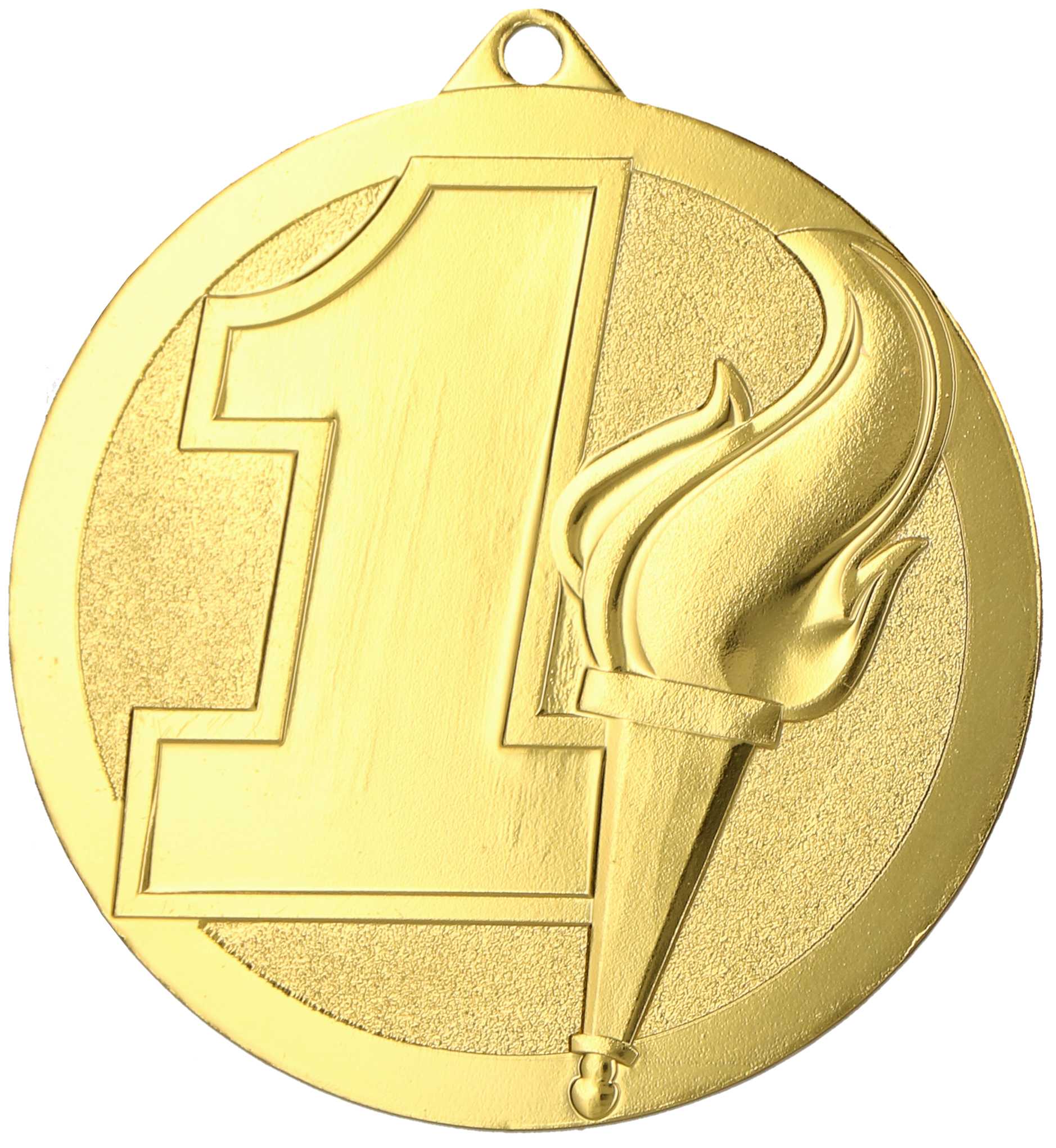 Eine goldene Medaillen Darmstadt 60 mm MMC6064 mit einer großen Zahl „1“ und einem Fackeldesign auf der Vorderseite, das Erfolge und den Triumph symbolisiert, auf dem Gewinnerpodest zu stehen.