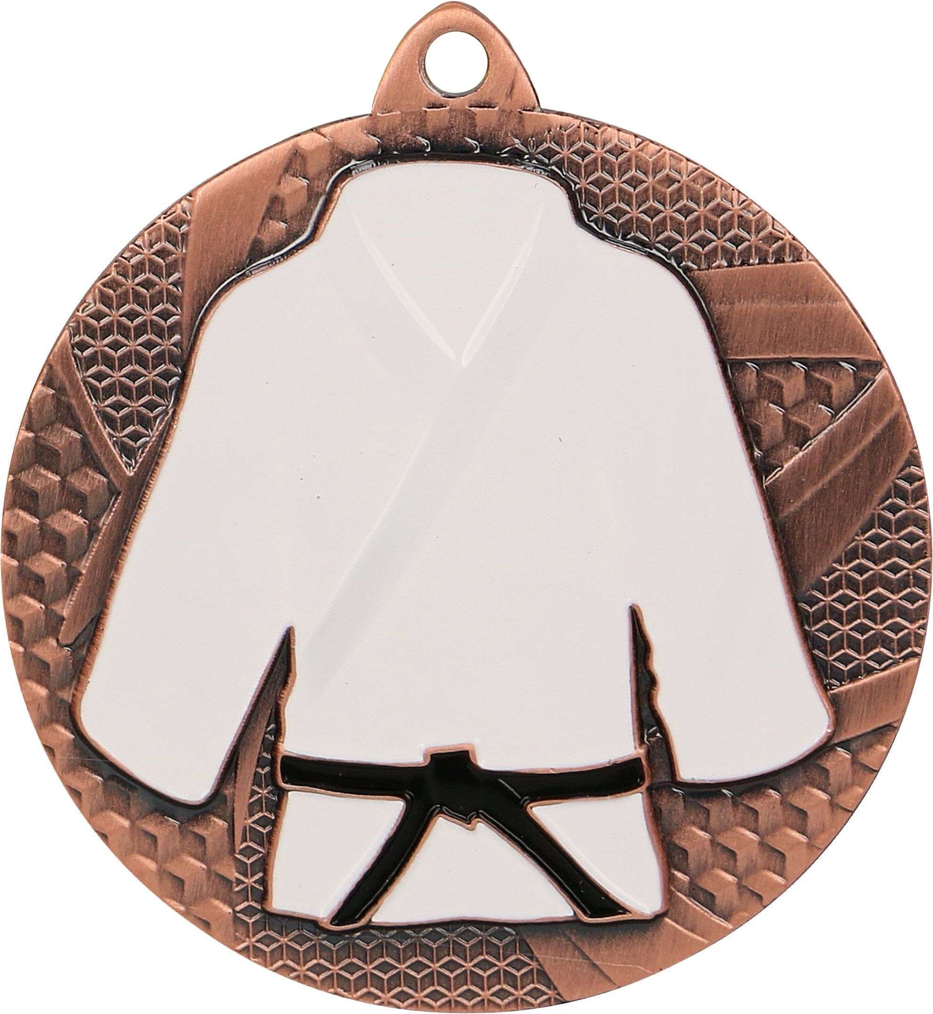 Eine bronzefarbene Medaille mit der Abbildung einer weißen Karateuniform mit schwarzem Gürtel, die den Geist des Kampfsportlers verkörpert. Medaillen Göttingen 50 mm MMC6550.