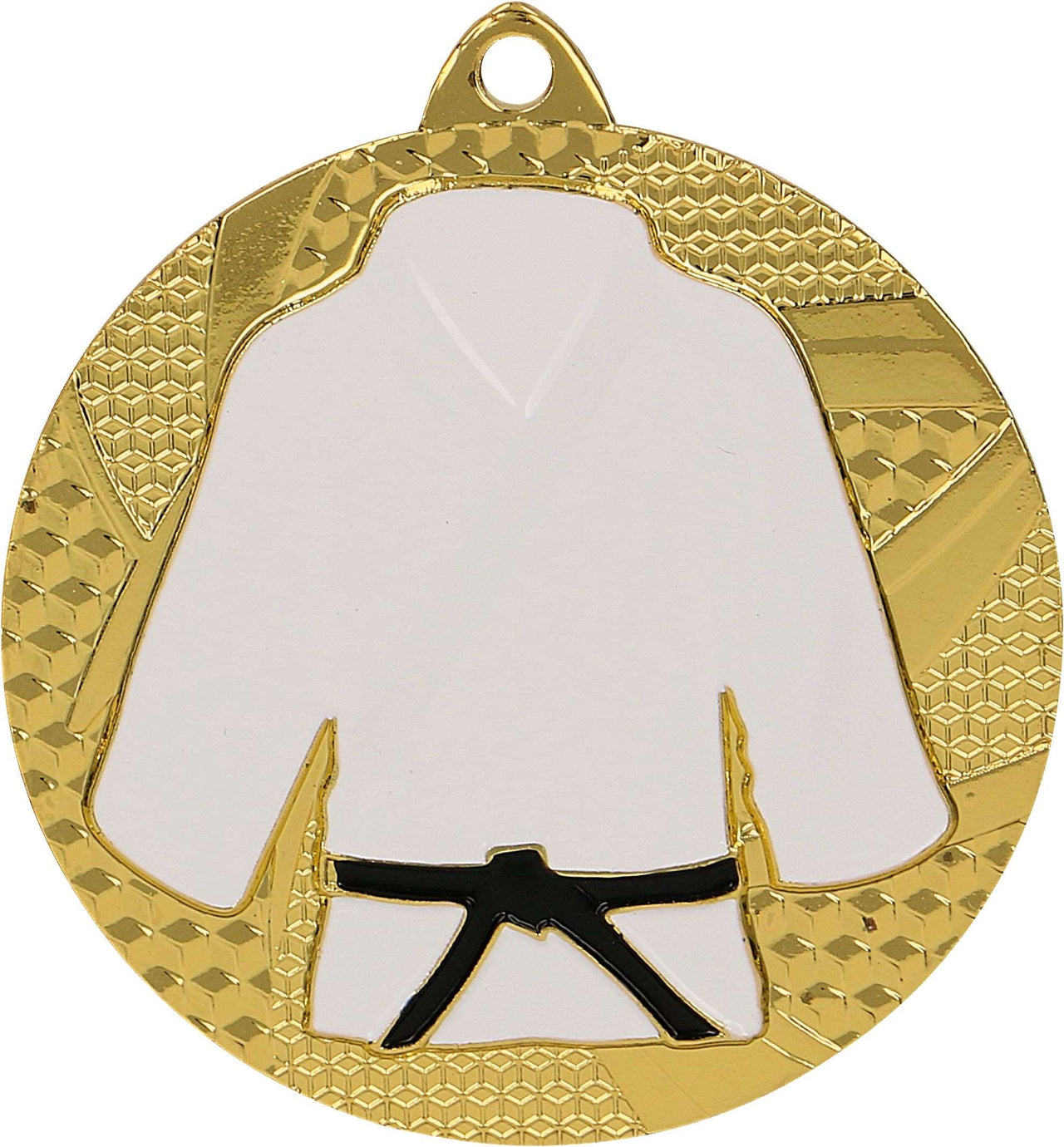 Eine Goldmedaille mit der Abbildung einer weißen Karateuniform mit einem schwarzen Gürtel in der Mitte, perfekt für Kampfsportler und Medaillen Göttingen 50 mm MMC6550 von Events.