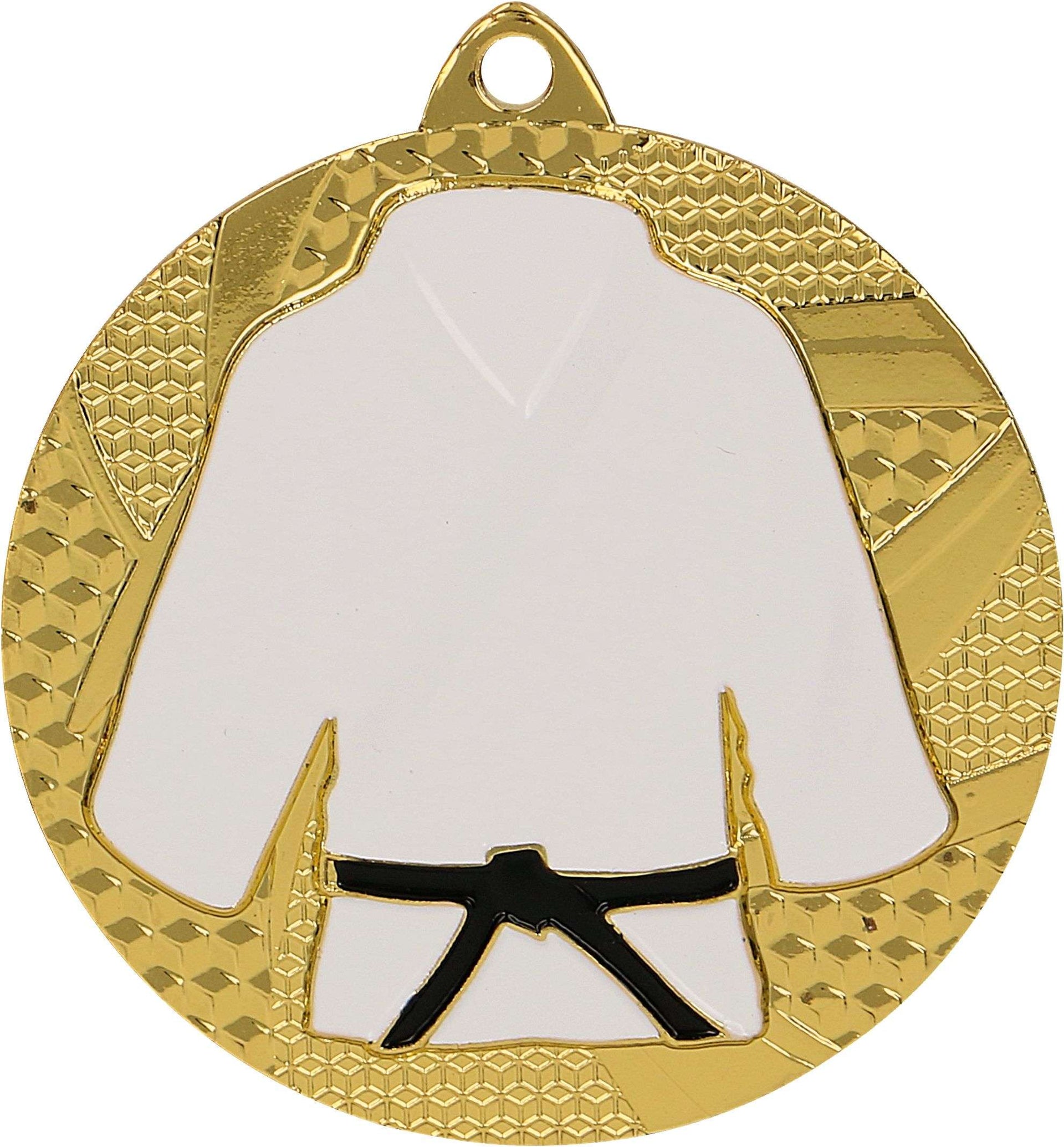 Eine Goldmedaille mit der Abbildung einer weißen Karateuniform mit einem schwarzen Gürtel in der Mitte, perfekt für Kampfsportler und Medaillen Göttingen 50 mm MMC6550 von Events.
