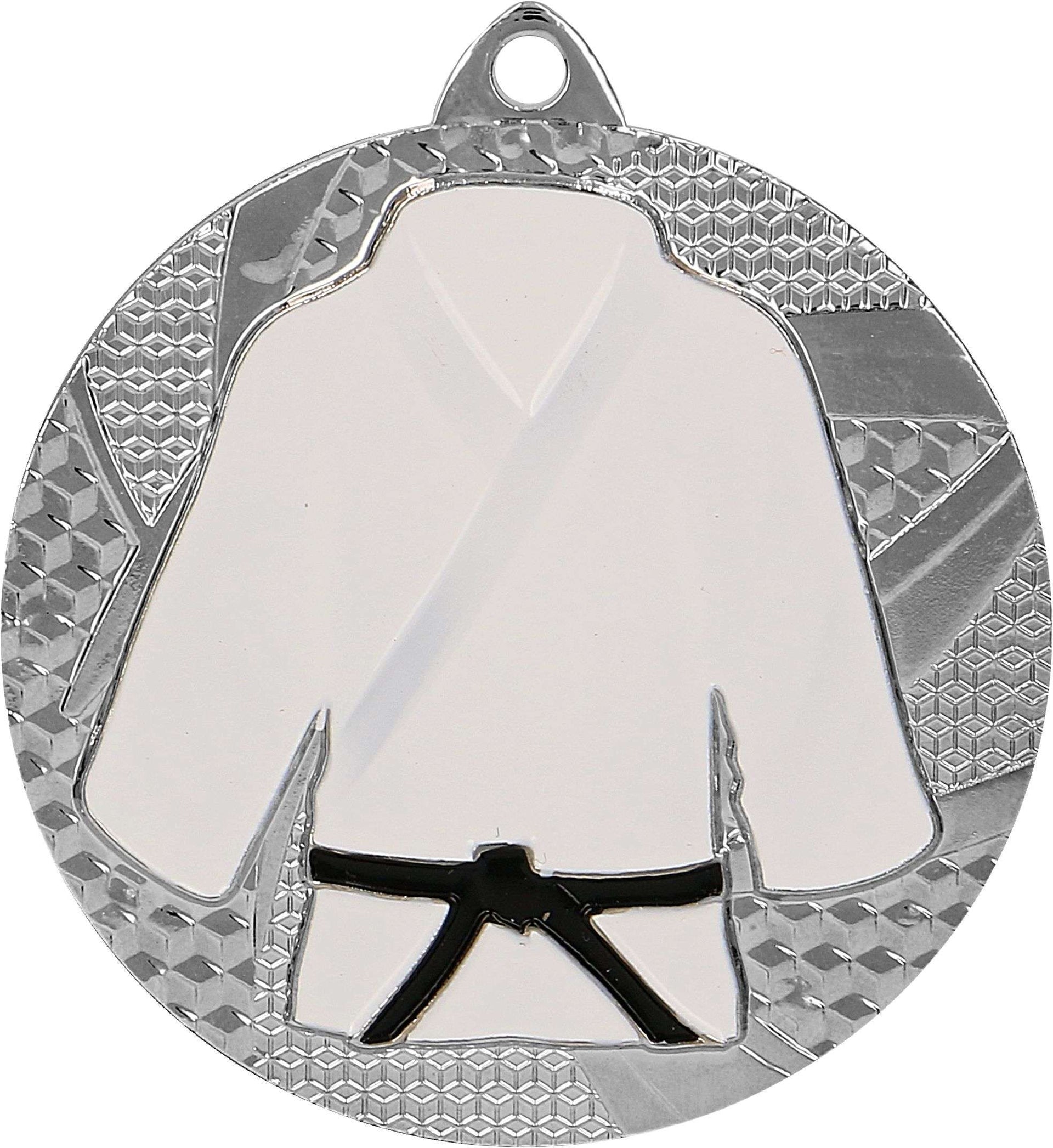 Medaillen Göttingen 50 mm MMC6550 mit der Abbildung eines weißen Karateanzugs mit schwarzem Gürtel auf strukturiertem Hintergrund, perfekt für Kampfsportler. Dieses elegante Stück ist Teil der Kollektion.