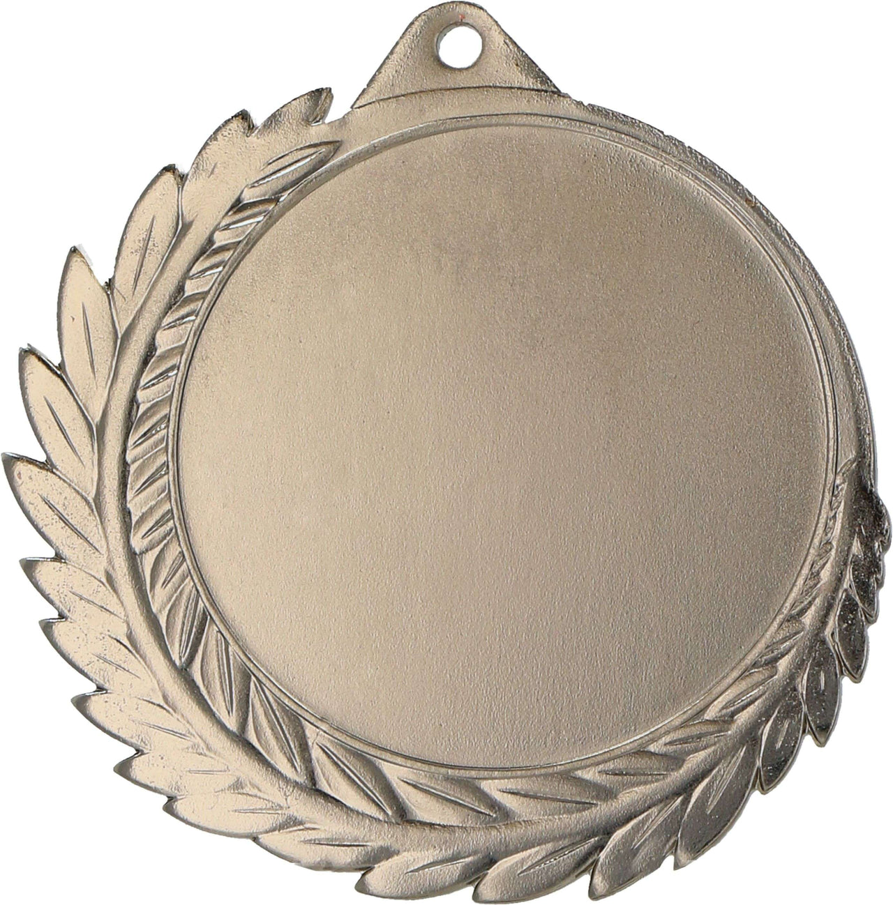 Eine schlichte, runde, goldfarbene Medaille mit einem erhabenen Lorbeerkranz-Design um den Rand, einem Loch oben zum Aufhängen und im unverwechselbaren MMC7010-Design gefertigt. Dieses Medaillen Mülheim 70 mm MMC7010 hat einen Durchmesser von 70 mm.