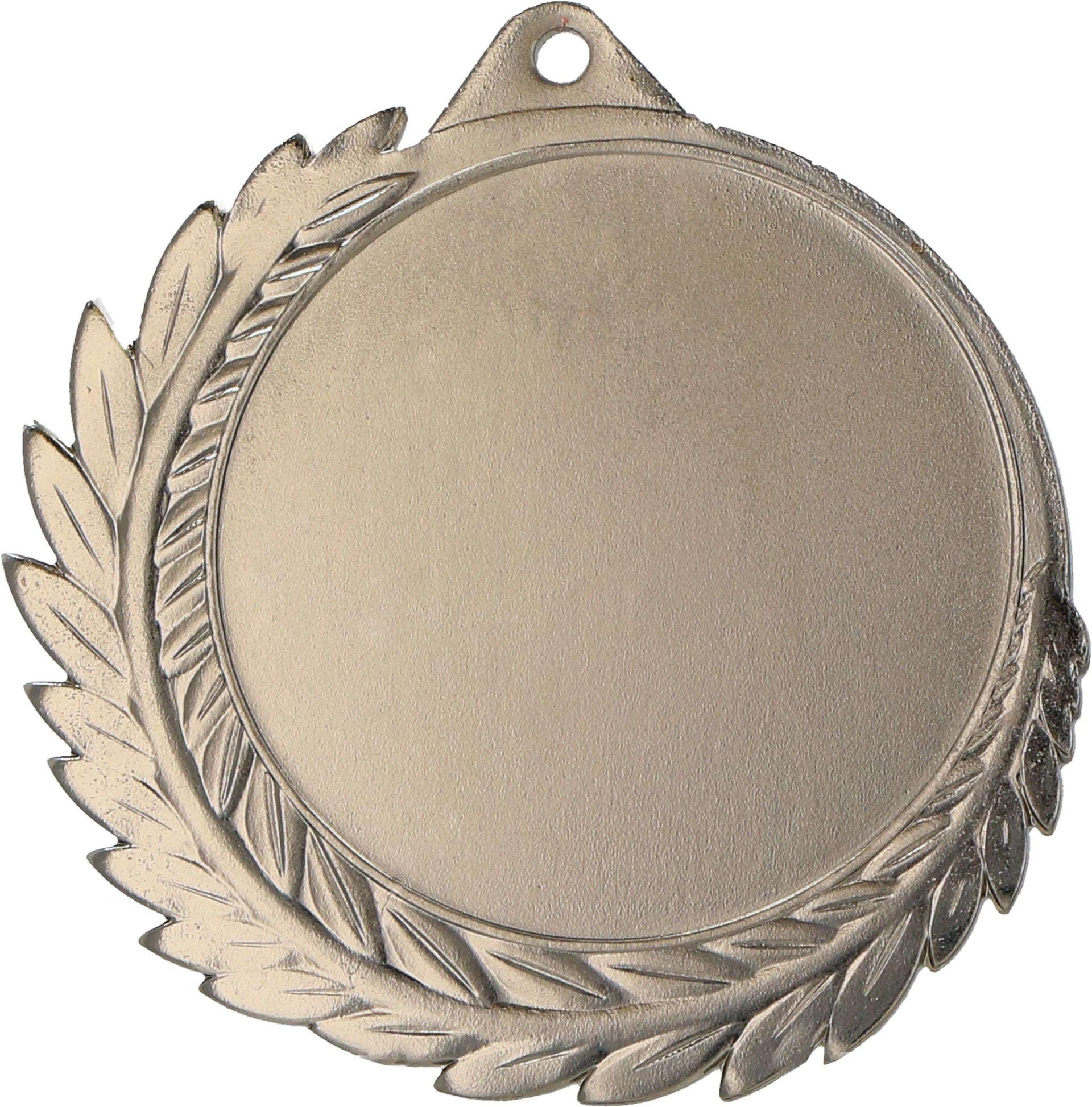 Eine schlichte, runde, goldfarbene Medaille mit einem erhabenen Lorbeerkranz-Design um den Rand, einem Loch oben zum Aufhängen und im unverwechselbaren MMC7010-Design gefertigt. Dieses Medaillen Mülheim 70 mm MMC7010 hat einen Durchmesser von 70 mm.